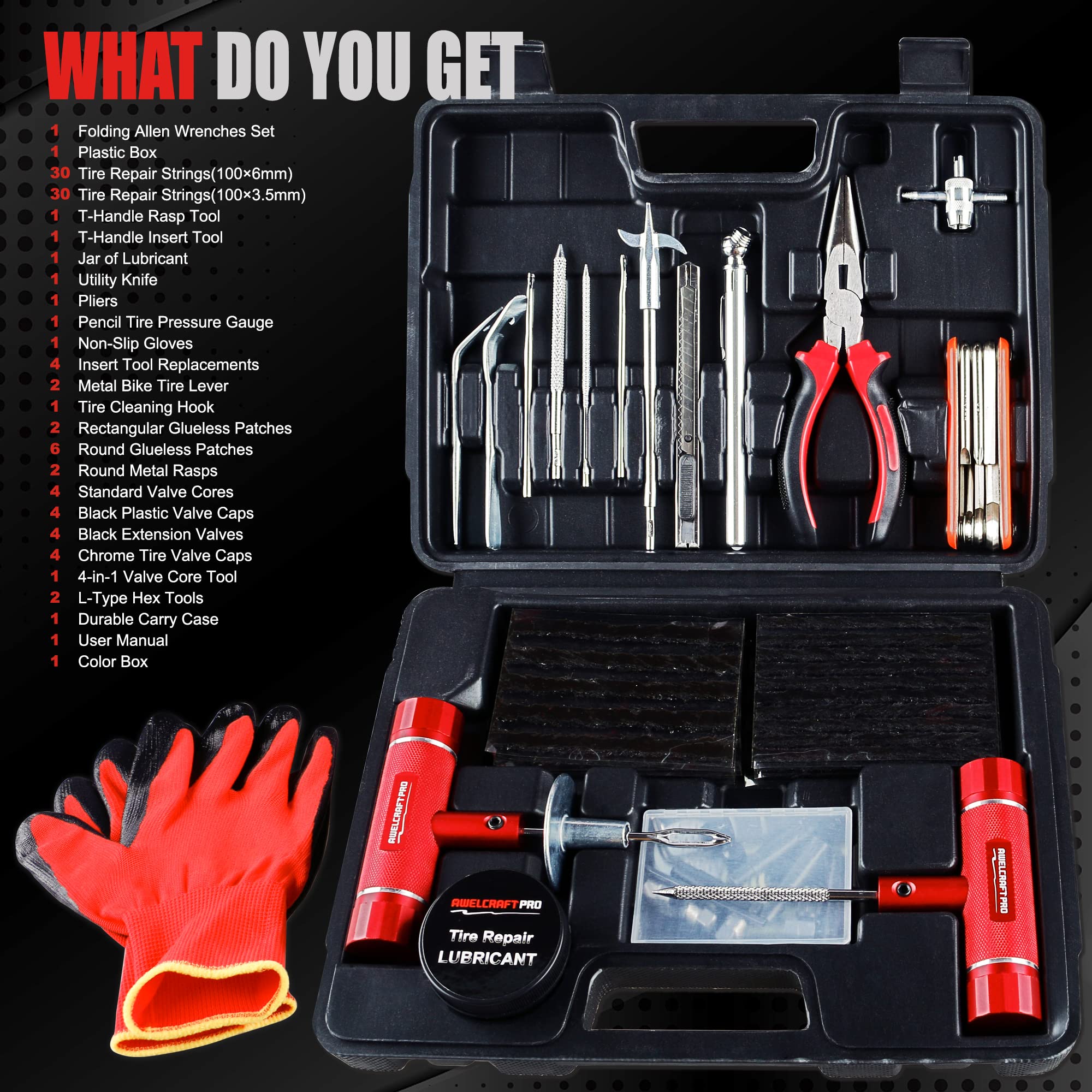 AWELCRAFT Heavy Duty Tire Repair Tools Kit - 108 PCS Aluminum Alloy Set for Truck, Car, Motorcycle, ATV, Jeep, Tractor