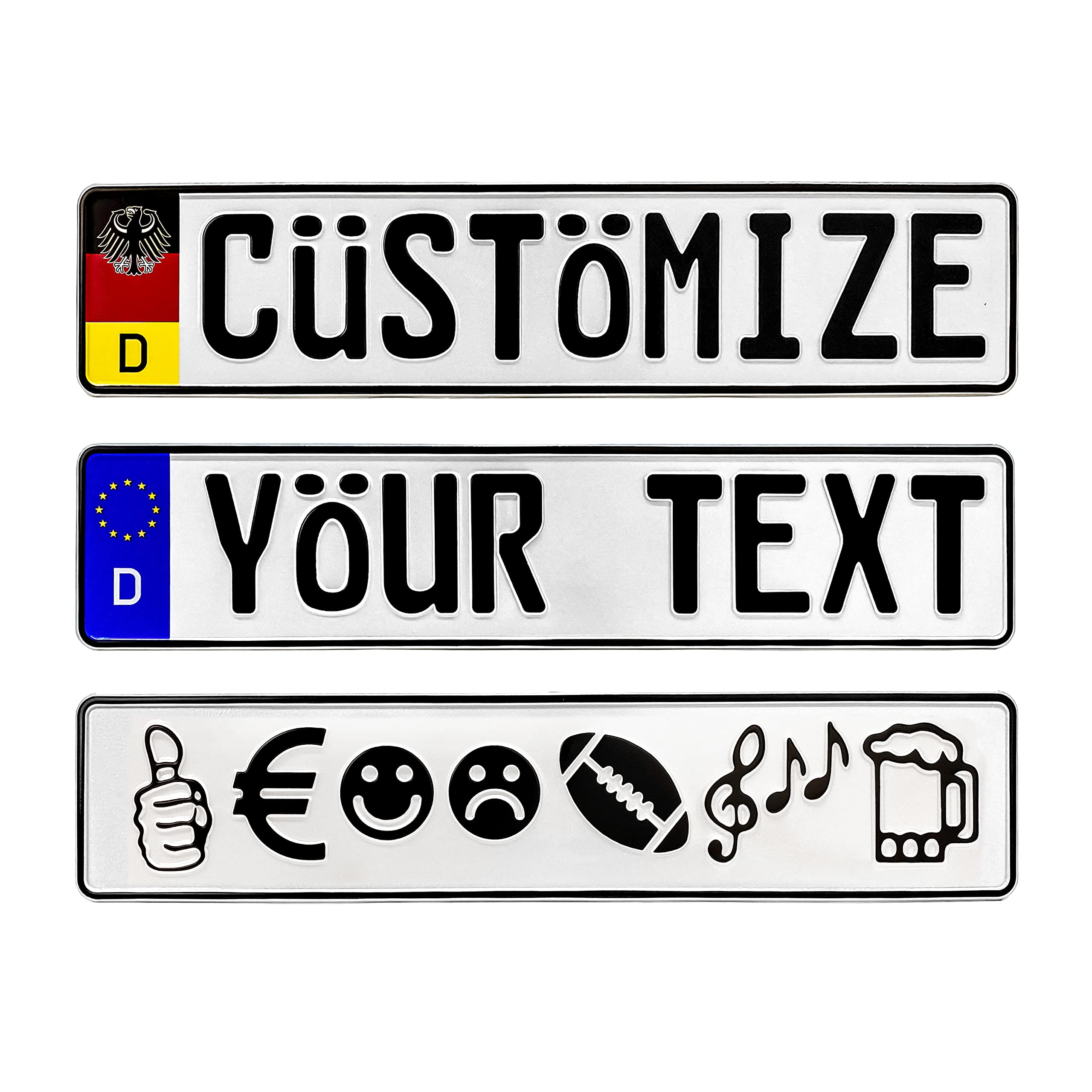 European License Plates Custom German License Plate - Personalized Embossed Aluminum, White Euro Plate