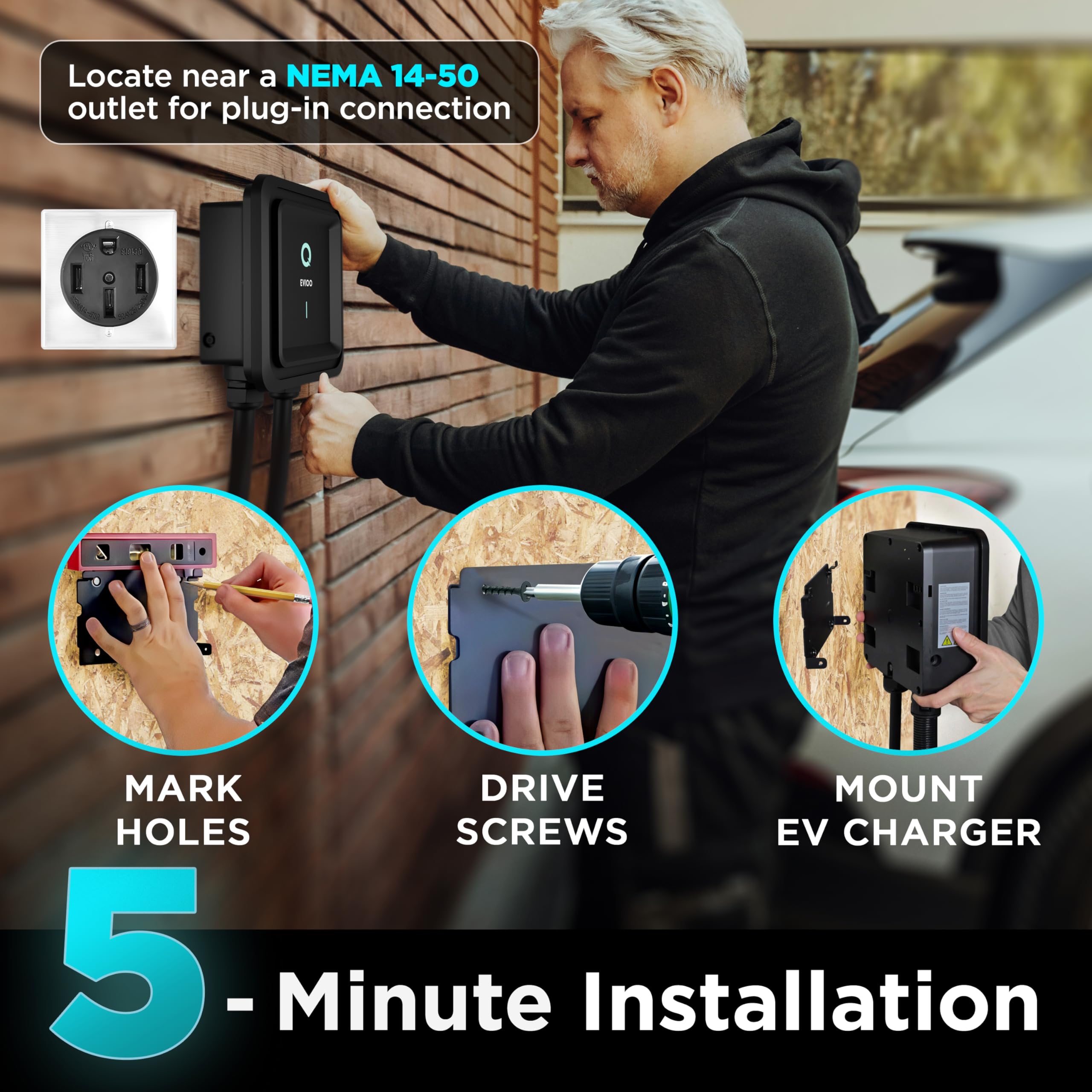 EVIQO Level 2 EV Charger - 40 Amp, 9.6 kW, NEMA 14-50 Plug, 25' J1772 Cable, UL/ETL