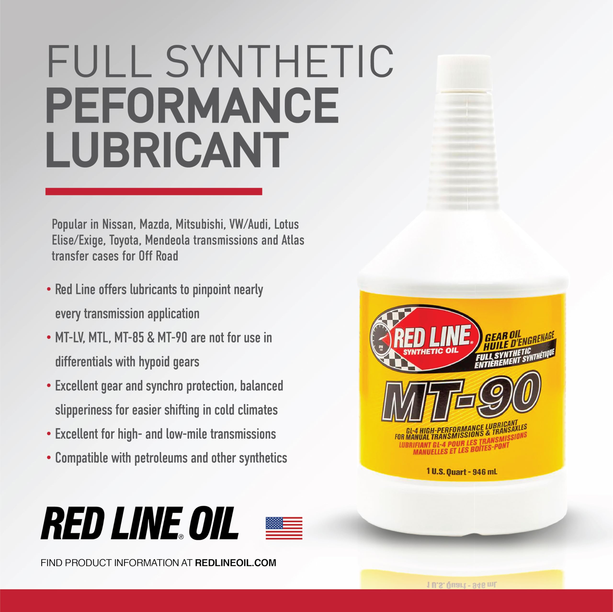 Red Line 50304 Mt-90 75W-90 Gl-4 Manual Transmission And Transaxle Lubricant (Mtl) - 1 Quart (4 Pack)