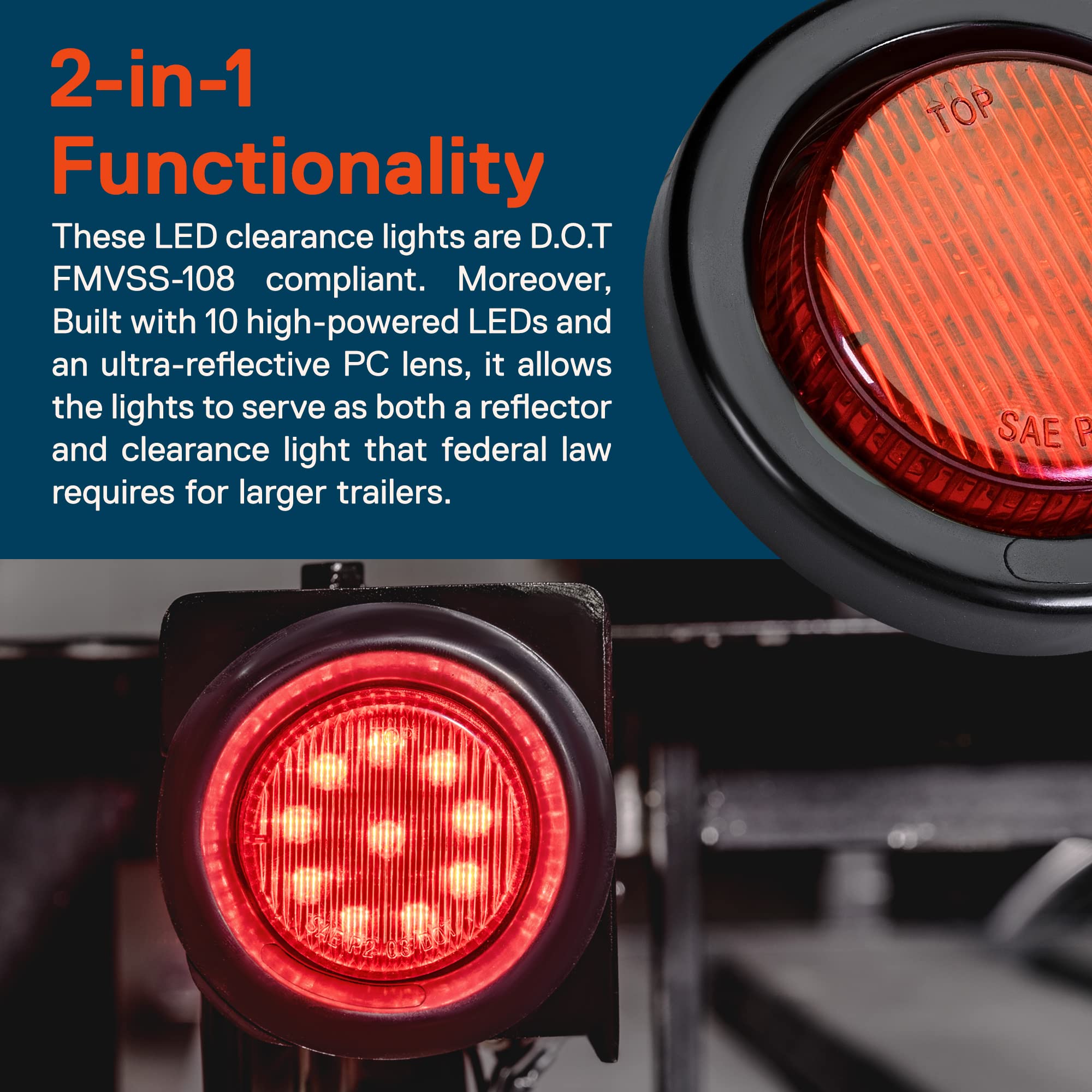 True Mods 2'' 12V Red Round 10 Led Light [2 In 1 Reflector] [Polycarbonate] [D.O.T. Certified] [Grommet & Plugs] [2 Year Warrant
