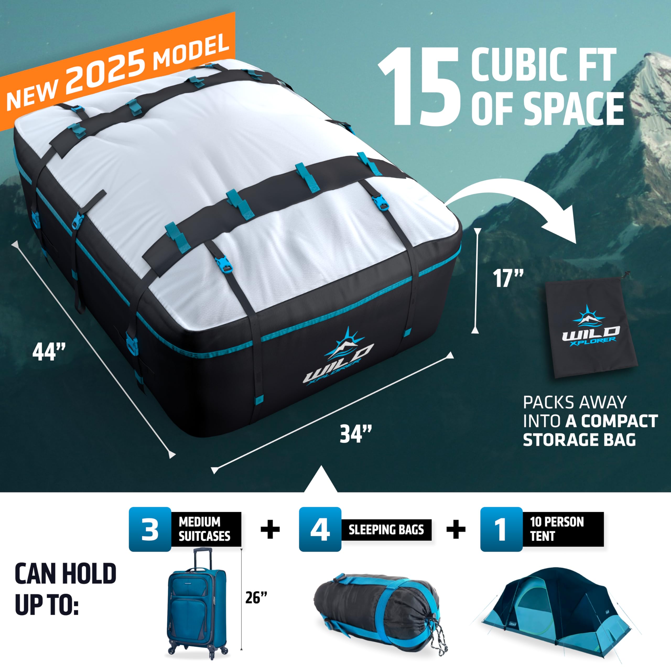 Wild Xplorer Rooftop Cargo Carrier - 15 Cuft, Waterproof Soft Shell, Heavy Duty, Electric Blue/Granite Grey/Black