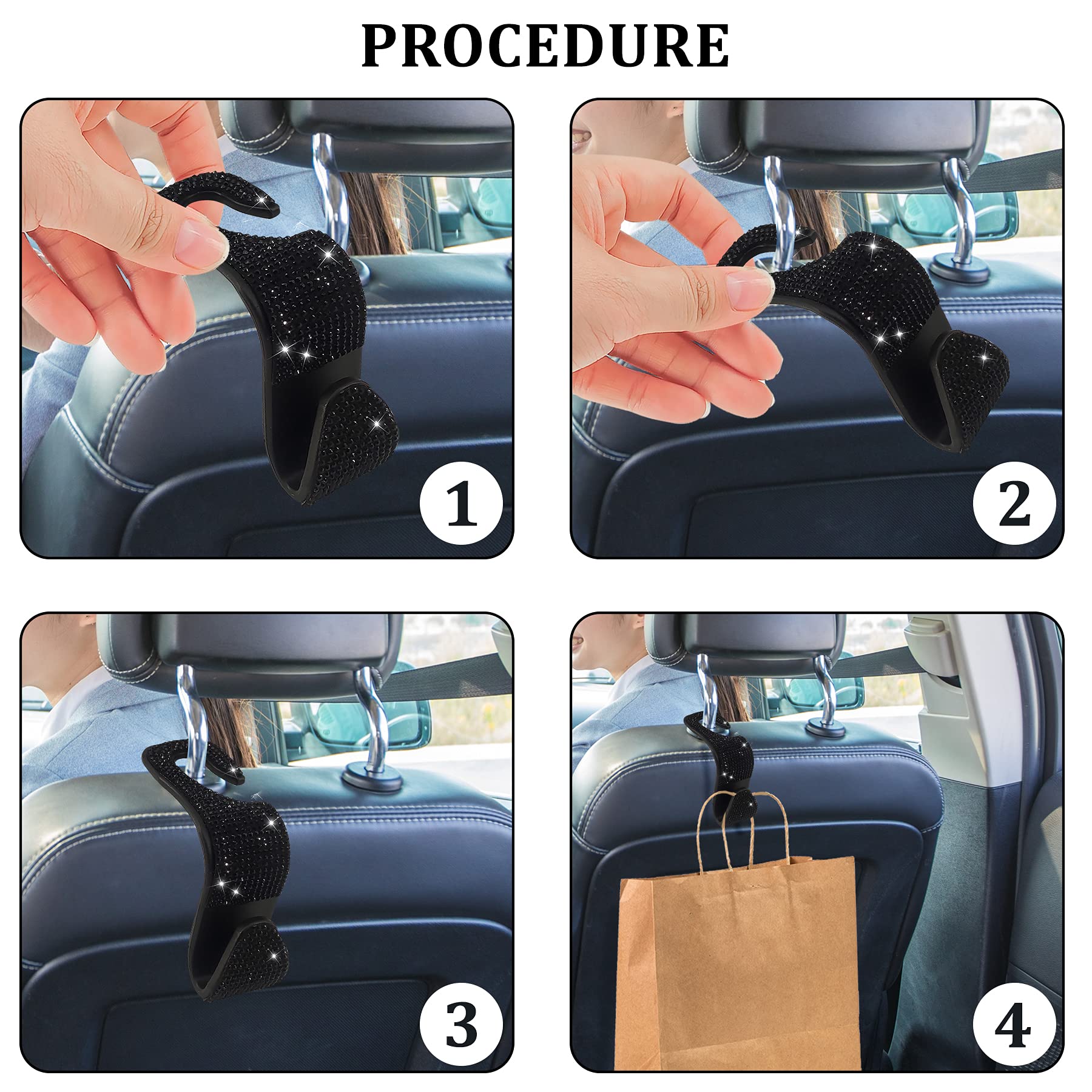 Dermasy 2 Pack Car Hooks, 2021 New Bling Rhinestones Crystal Hooks Car Decorations Auto Seat Back Organizers Strong And Durable