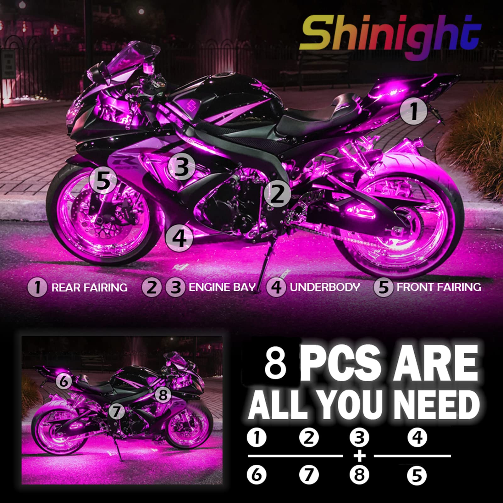 Shinight 8 Pcs Motorcycle Led Light Kits, App Control Multicolor Waterproof Motorcycle Led Strip Lights With Rf Remote, Music Sync & Multiple Scene Modes Rgb Led Lights For Motorcycles