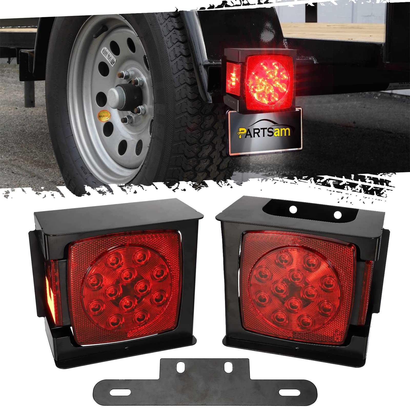 Partsam 2pcs Waterproof Square Led Trailer Light Kit Red LED Stop Turn Tail License Brake Running Light Lamp w Steel Mounting Bo
