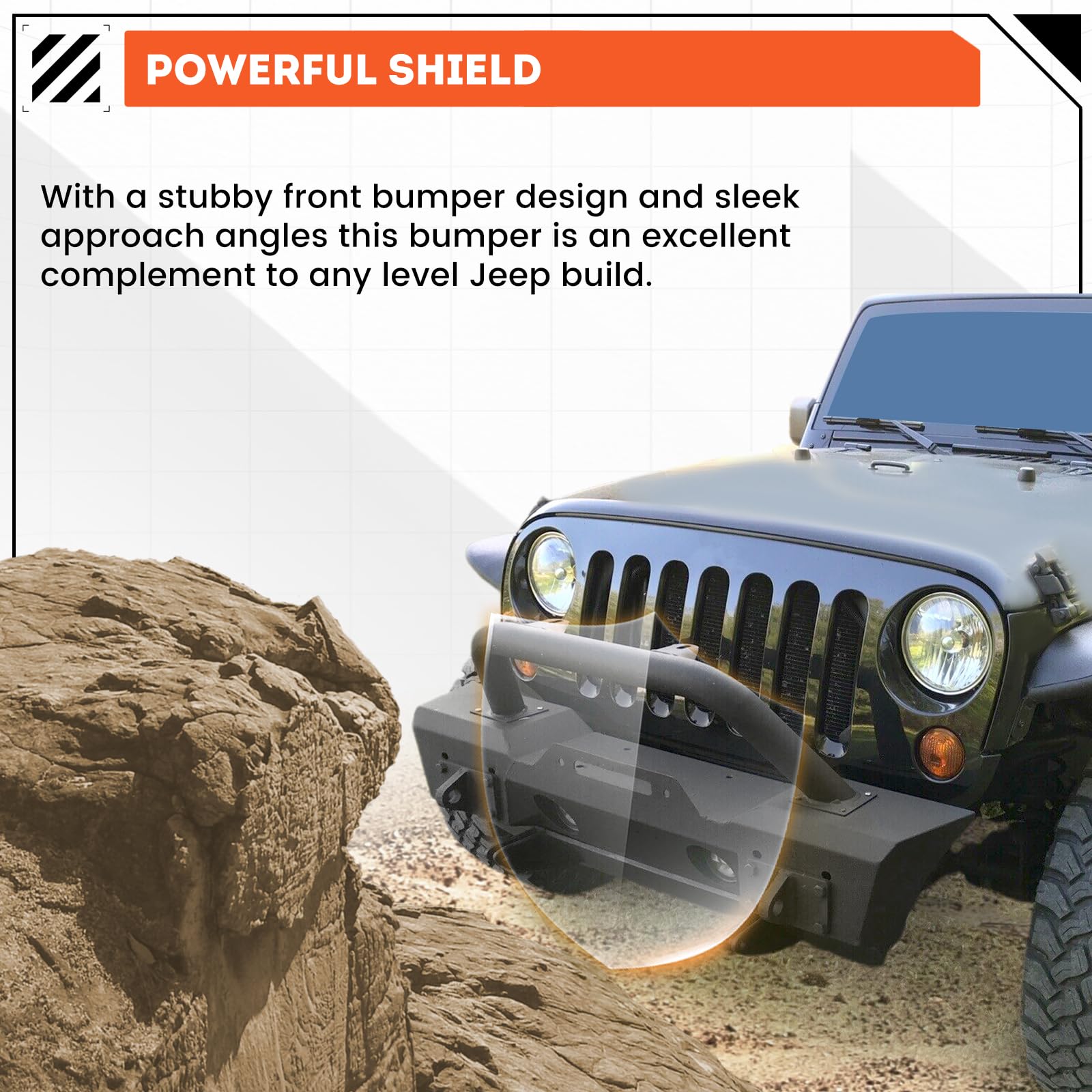 ECOTRIC Stubby Front Bumper for 2007-2024 Jeep Wrangler JK JL Gladiator JT, Alloy Steel, Black, CA-112, with Fog Light Housing & D-Rings