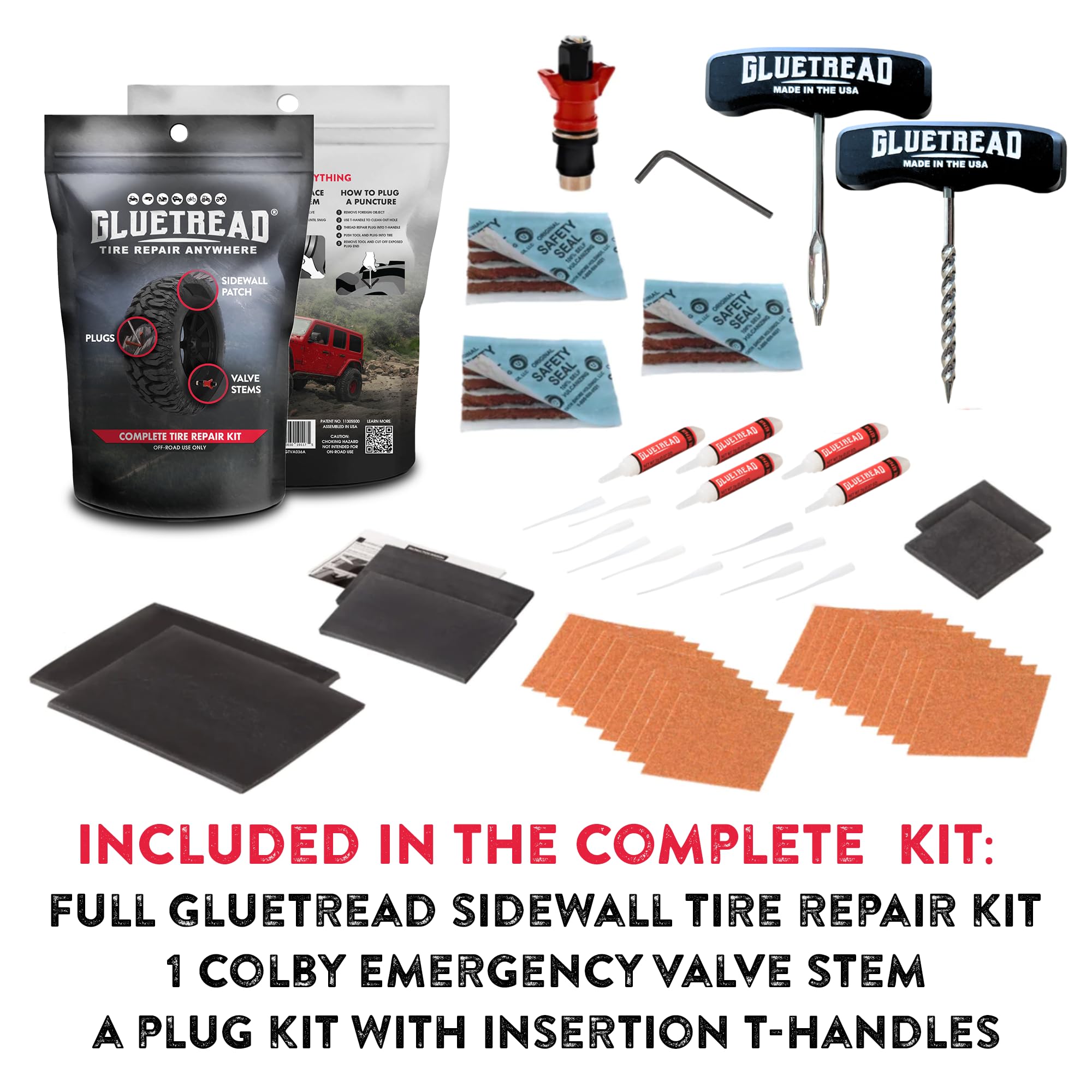 GLUETREAD Complete Off-Road Tire Repair Kit | Includes Patches, Plugs & Colby Valve Stem | Fast Curing in 10 Minutes | Model GTVA036A
