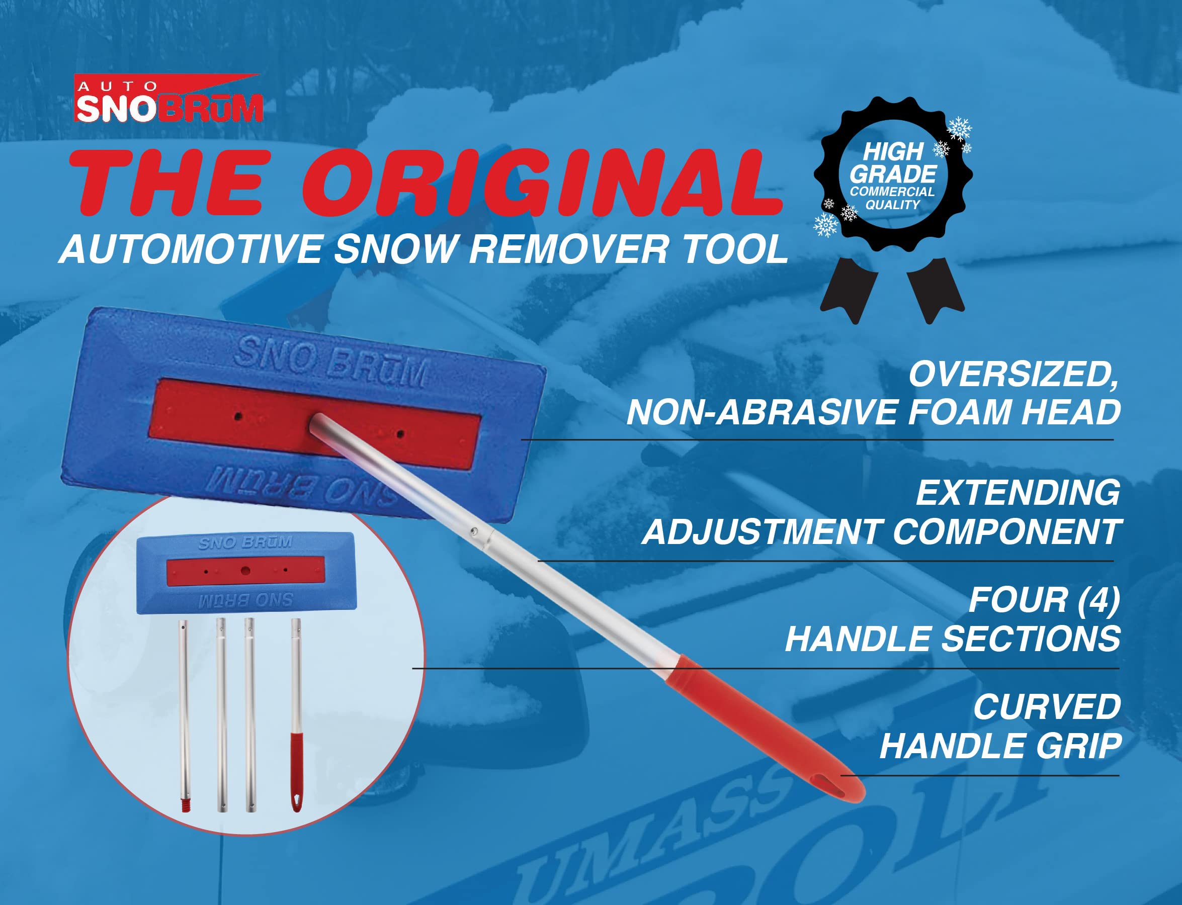 SNOBRUM Snow Remover - 28 to 63 Inch Push-Broom Brush with Foam Head, No-Scratch Design, Silver/Blue, 1 Pack