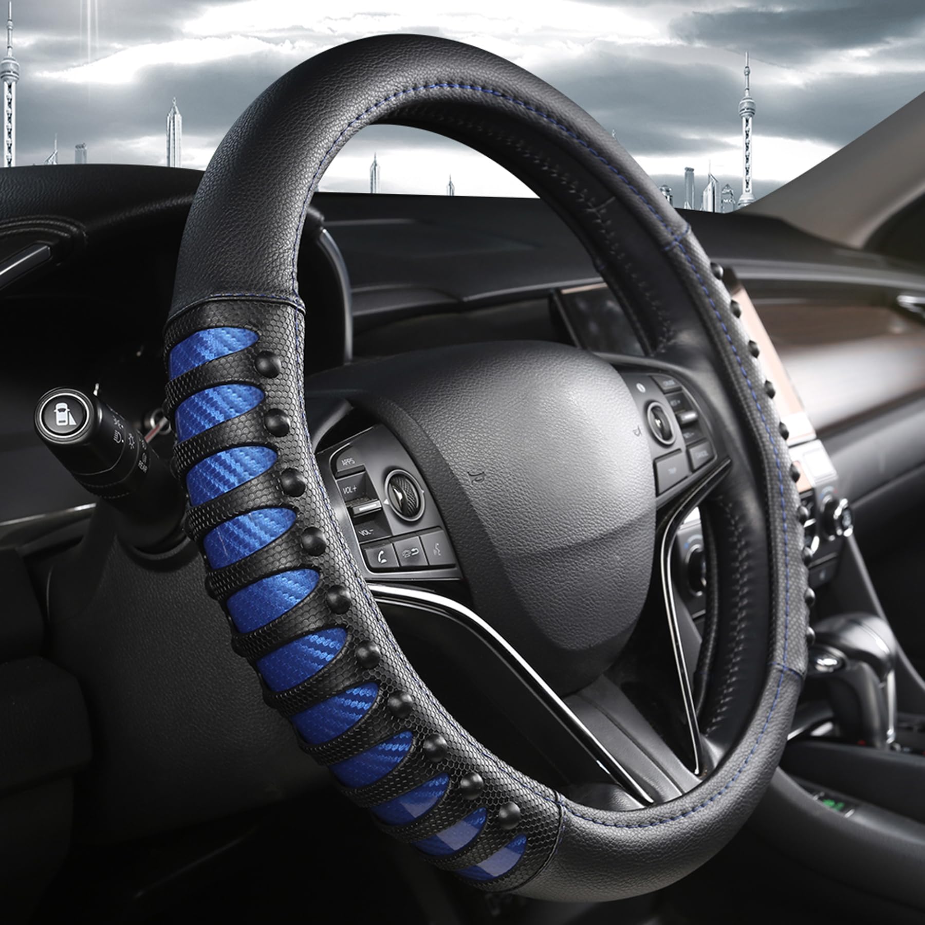 West Llama Microfiber Leather Car Steering Wheel Cover For Men Women,Universal Fit 15.5-16 Inch(Leather Nails-Blue+Black-Large S