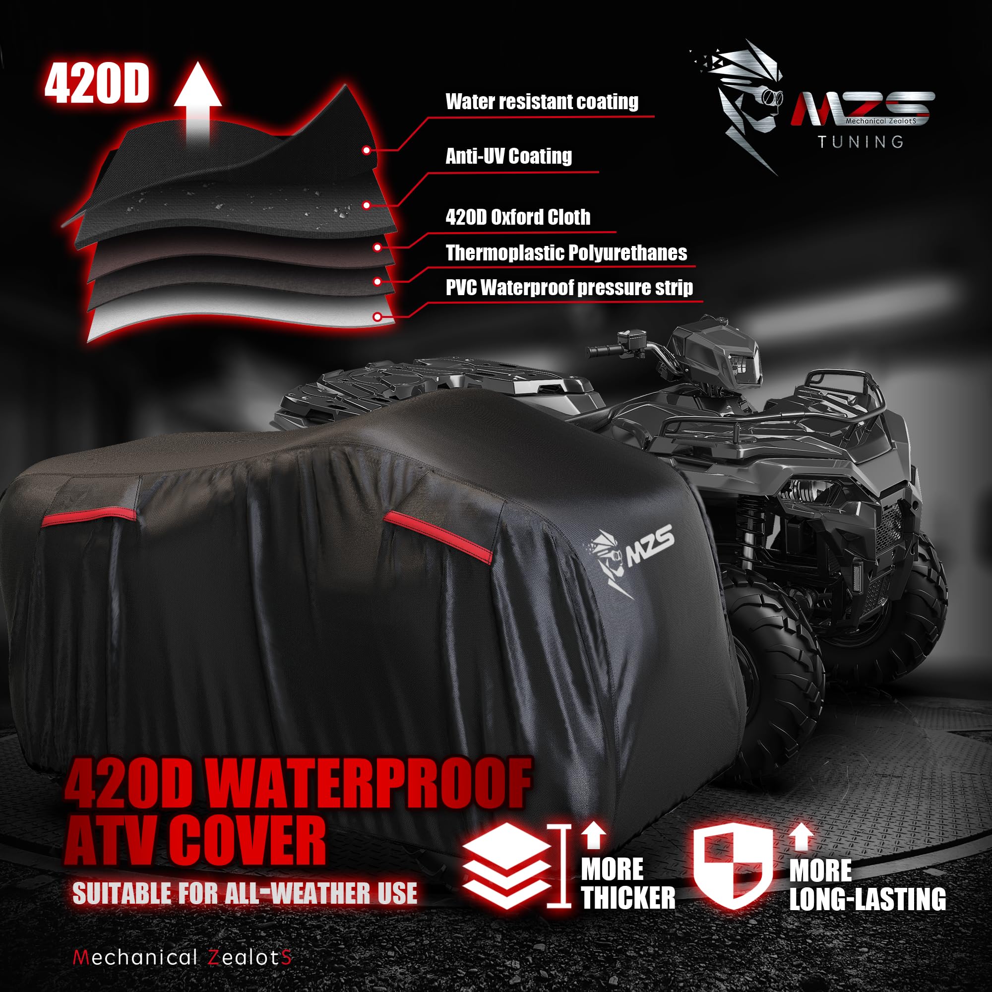 Mzs Atv Cover, All Weather Season Outdoor Waterproof Protection Accessories Fits Up To 88 Inch Quad 4 Wheeler Covers - Tear Wind Proof Vents Night Reflective Adjuster Buckle Storage Bag