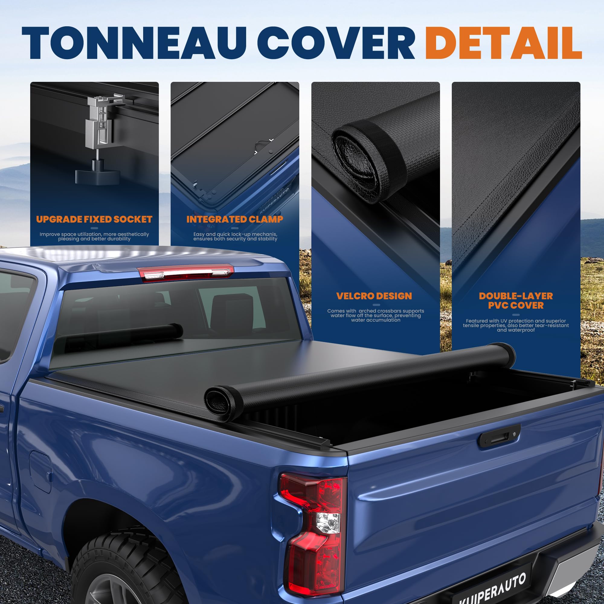 KUIPERAUTO 6.5FT Roll-Up Soft Vinyl Truck Bed Tonneau Cover Compatible for 14-24 Chevy Chevrolet Silverado/GMC Sierra 1500| 15-1