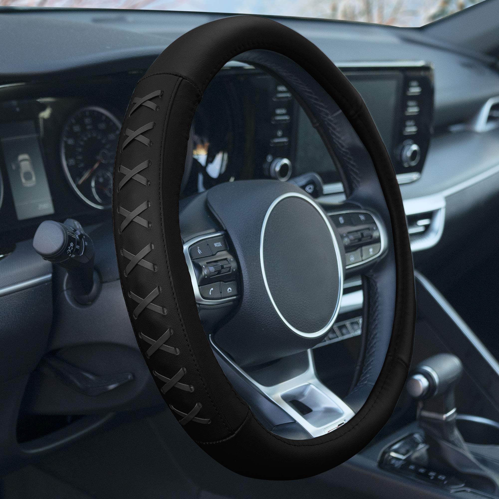 Fh Group Universal Fit 15 Inch Genuine Leather With Lace-Up Detailing Steering Wheel Cover Fits Most Cars, Suvs, And Trucks Gray