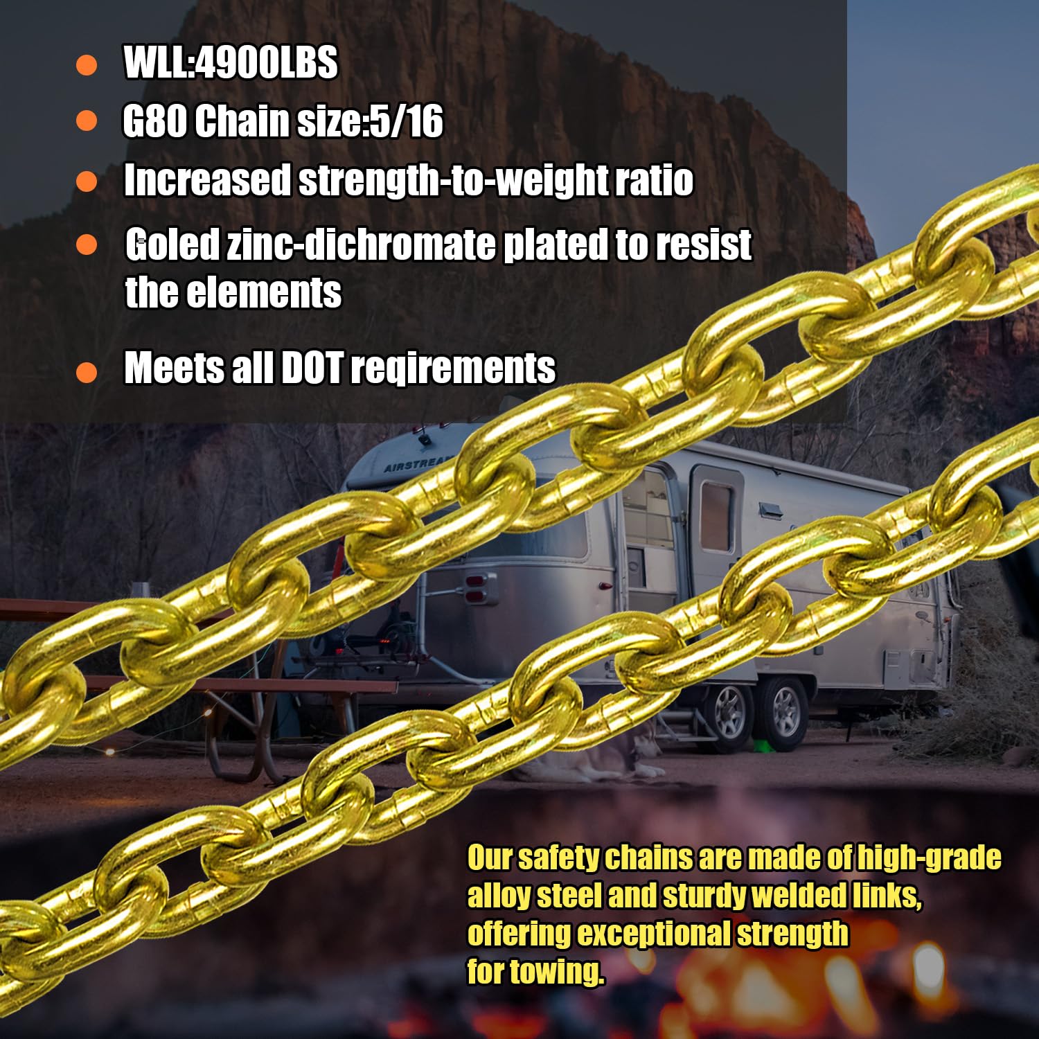 TKK 2-Pack Grade 80 Trailer Safety Chain, 36" Heavy-Duty Steel, 5/16" Clevis Snap Hook, Yellow, WLL 21,000 lbs for T