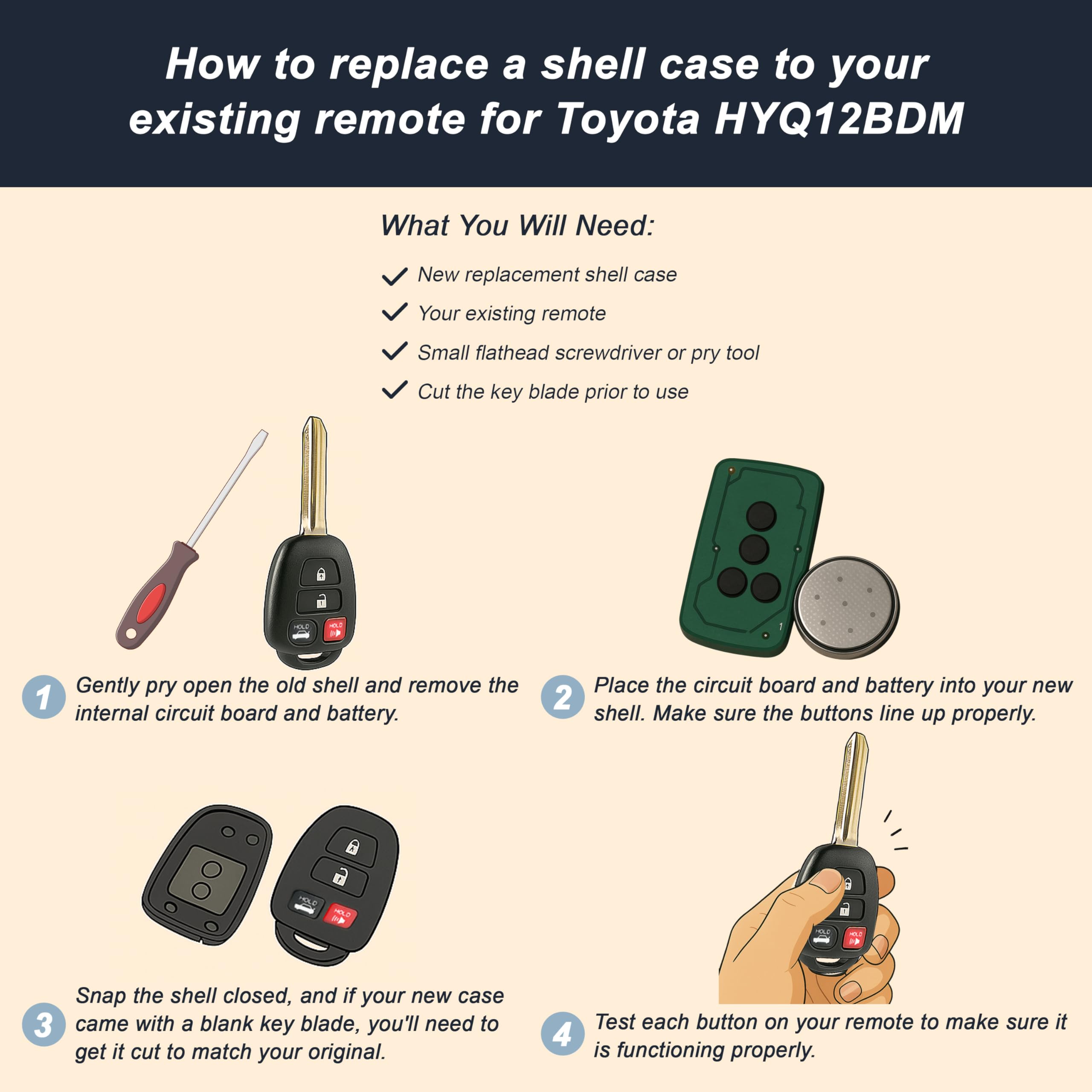 USARemote Key Fob Shell for 2012-2017 Toyota Camry & 2014-2017 Corolla/RAV4/Highlander, Plastic Case & Pad, Keyless Entry