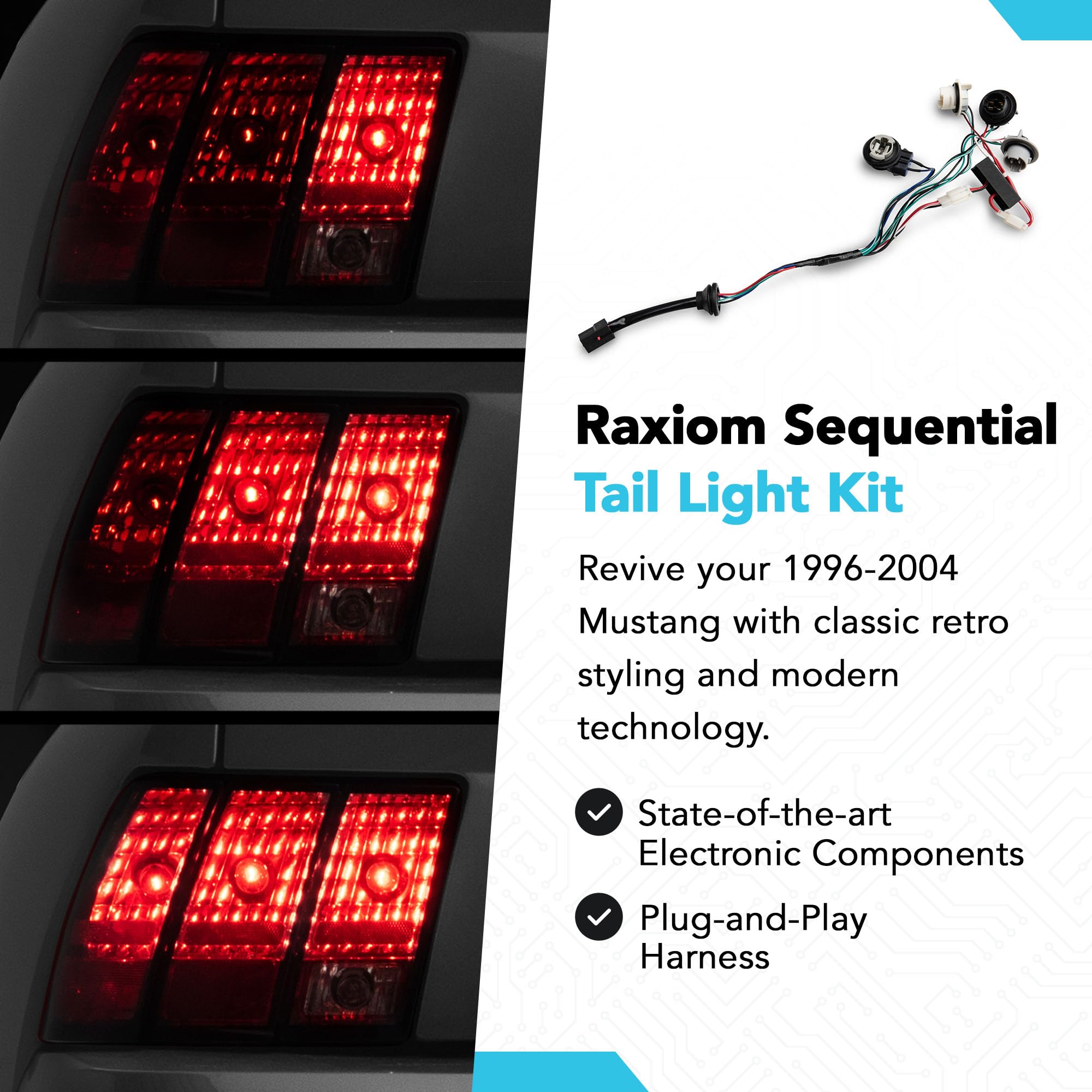 Raxiom Tail Light Sequencer Harness Kit, Plug and Play, 1996-2004 Mustang, Sequential Harness, Model 49143
