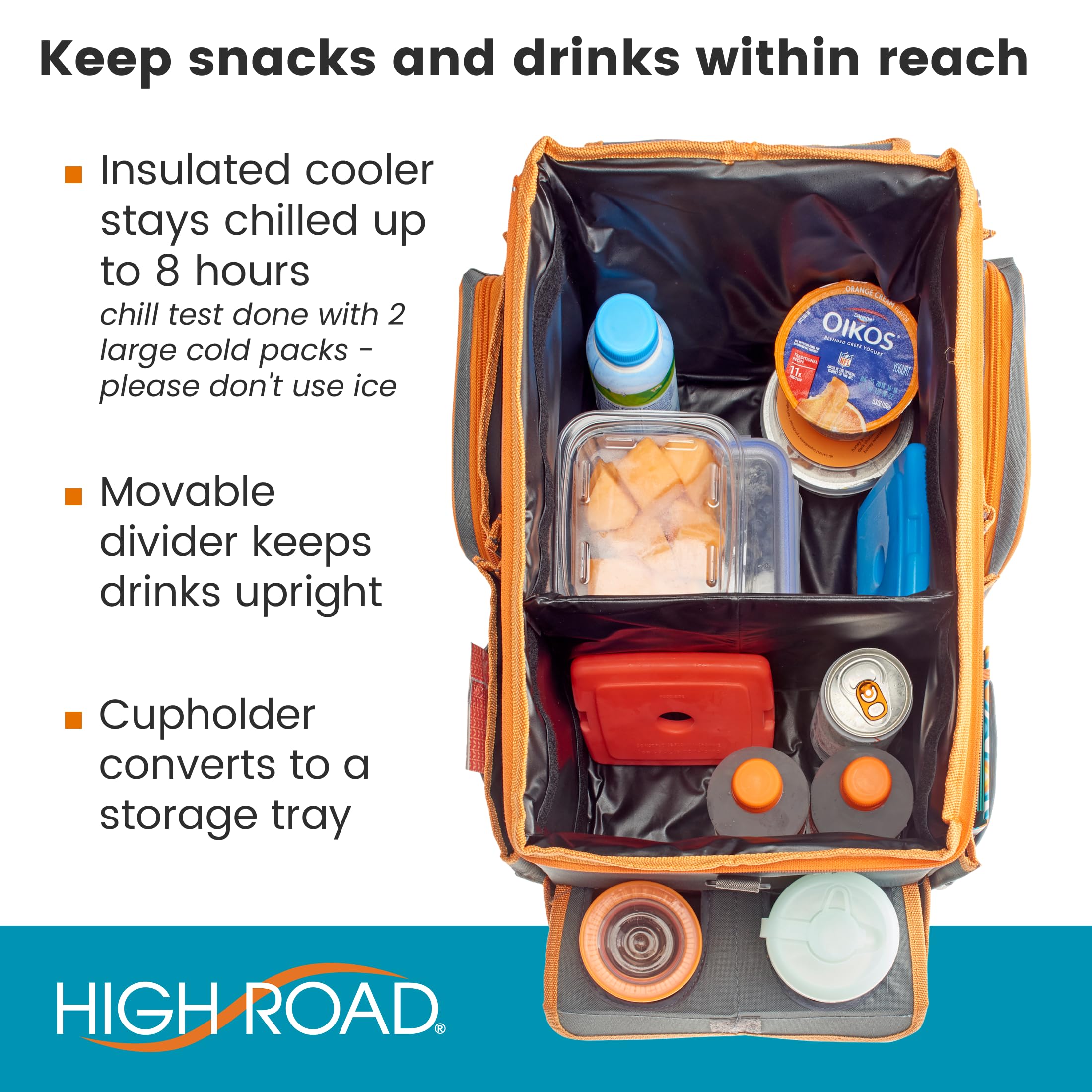 High Road CarHop Organizer with Cooler - Large Gray Back Seat Organizer for Kids & Drivers, 600D Oxford Polyester