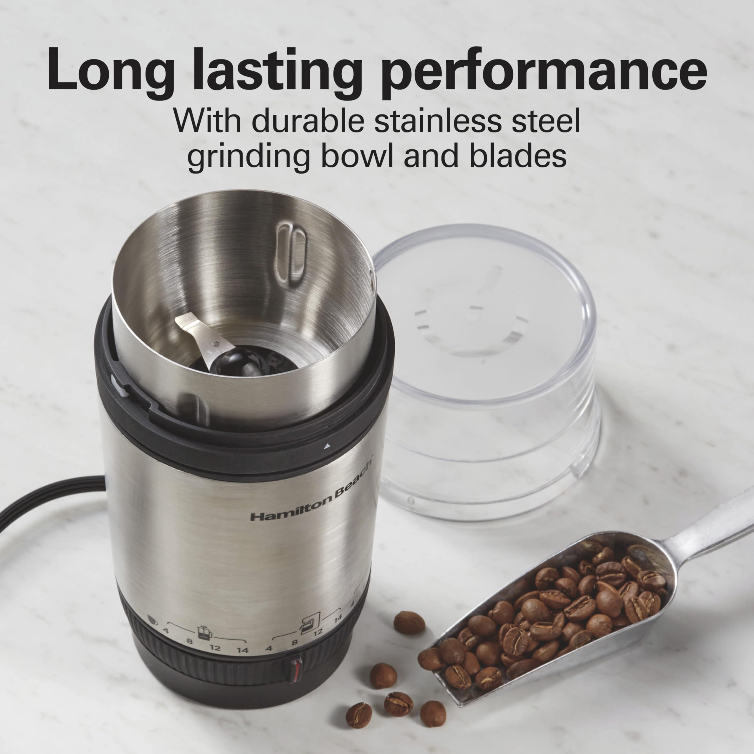 Hamilton Beach Custom Grind Electric Coffee Grinder For 4-14 Cups, One-Press Hand-Free Operation With Auto Shutoff, Removable Gr
