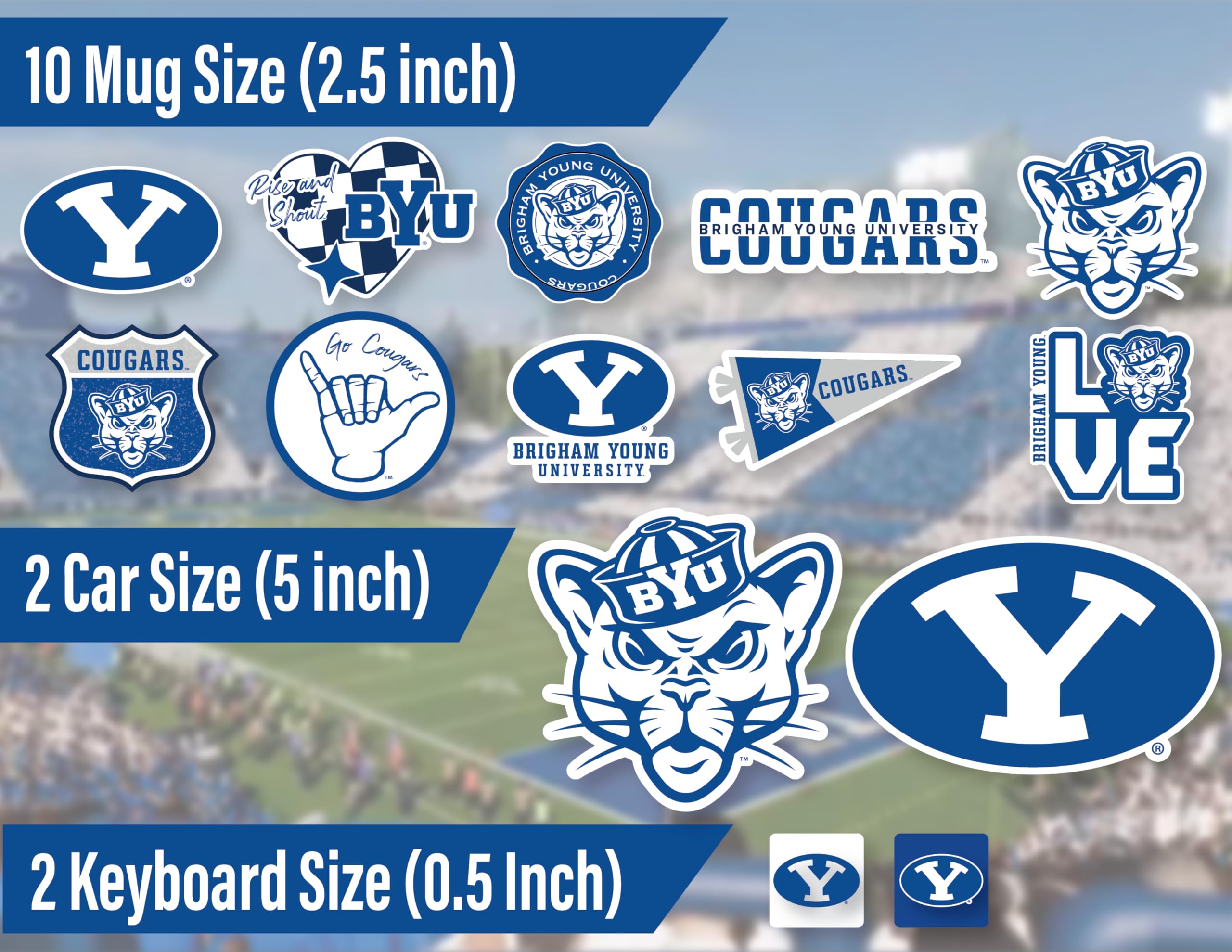 PartyKandy Vinyl BYU Stickers Set - 12 Pack (2) 5" + (10) 2-3" - Team Colors for Gifts, Car, Water Bottle, Laptop,