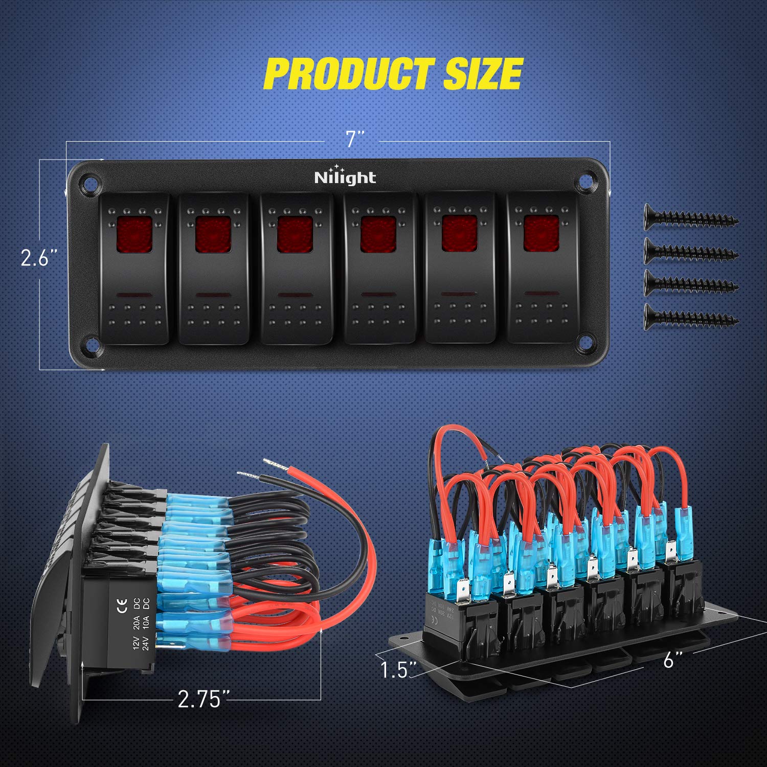 Nilight 6 Gang Rocker Switch Panel 5Pin On Off Toggle Switch Aluminum Holder 12V 24V Dash Pre-Wired Red Backlit Switches For Aut