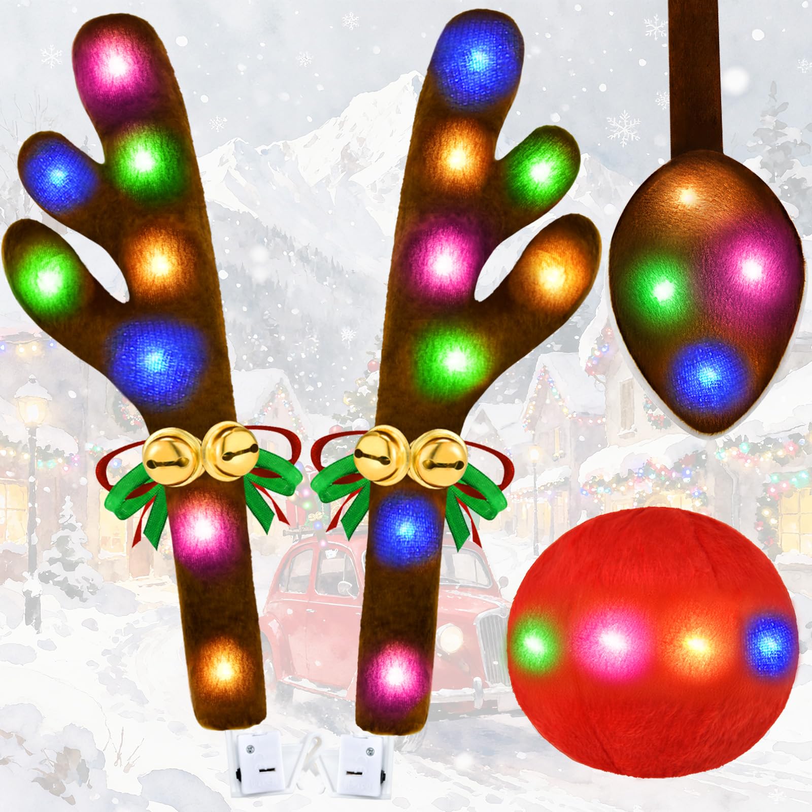 Christmas Car Decorations Reindeer Car Kit Antlers with Lights, Jingle Bells Rudolph Reindeer and Nose, Tail Cute Costume Auto A