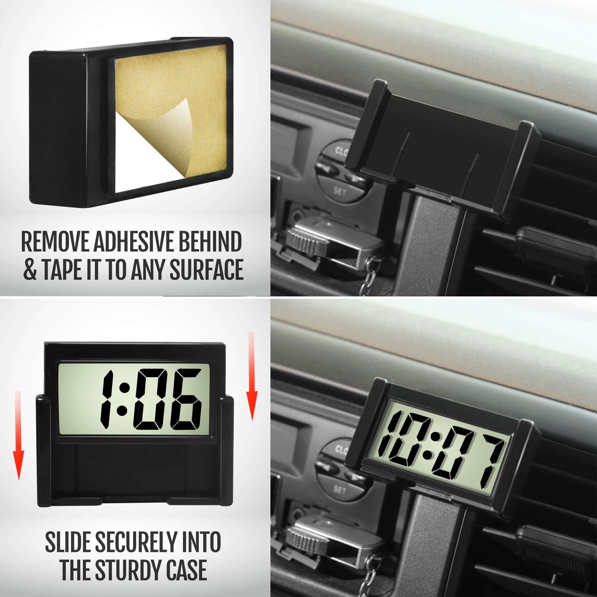 Betus Car Dashboard Digital Clock - Vehicle Adhesive Clock With Jumbo Lcd Time & Day Display - Mini Automotive Stick On Watch Fo