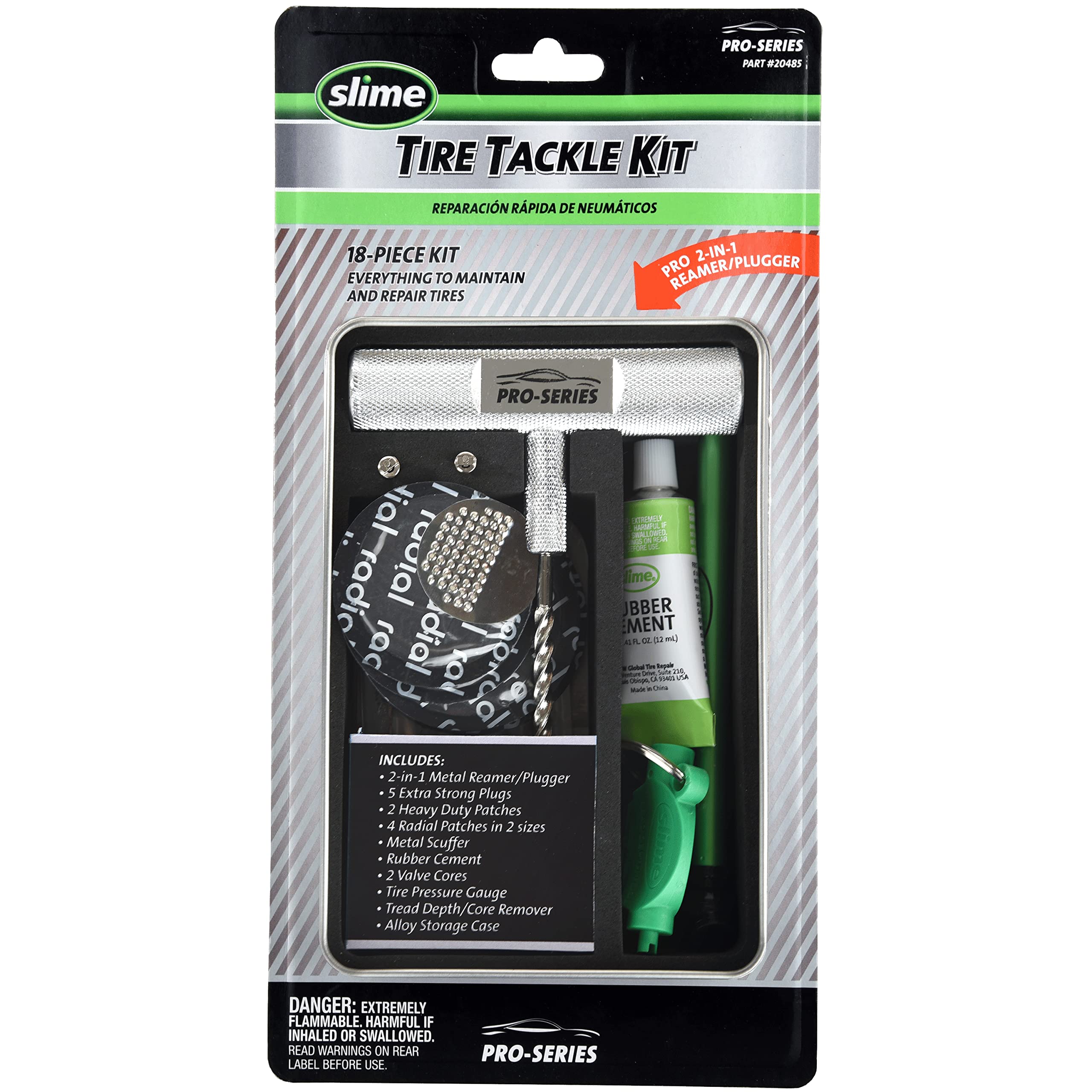 Slime 20485 Tire Tackle Kit, Pro-Series, Tire Repair Plugs, Tire Repair Patches, 18-Piece Kit