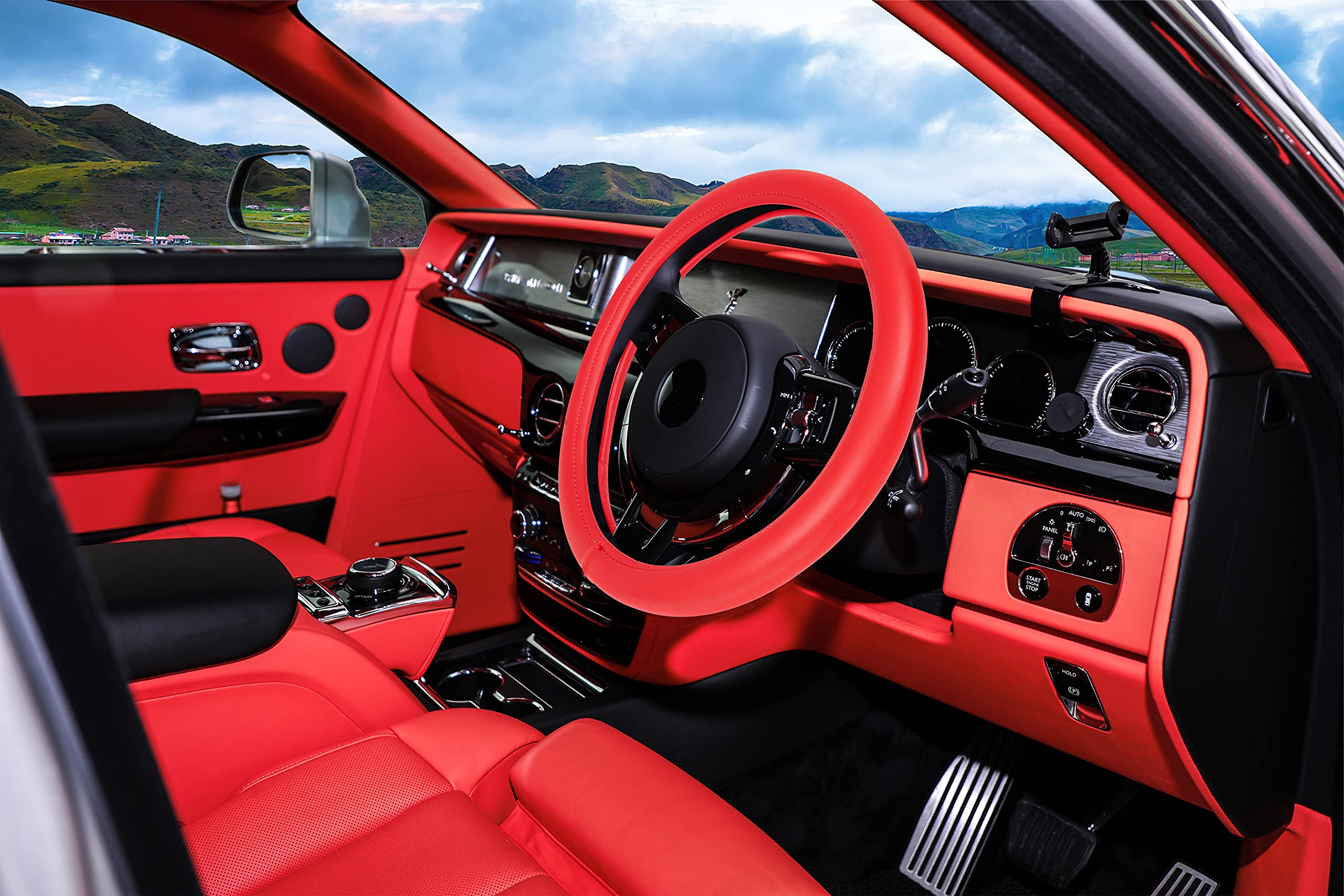 Evankin Red Leather Steering Wheel Cover, Comfortable And Soft Solid Color Universal Steering Wheel Cover 15 Inch, Suitable For