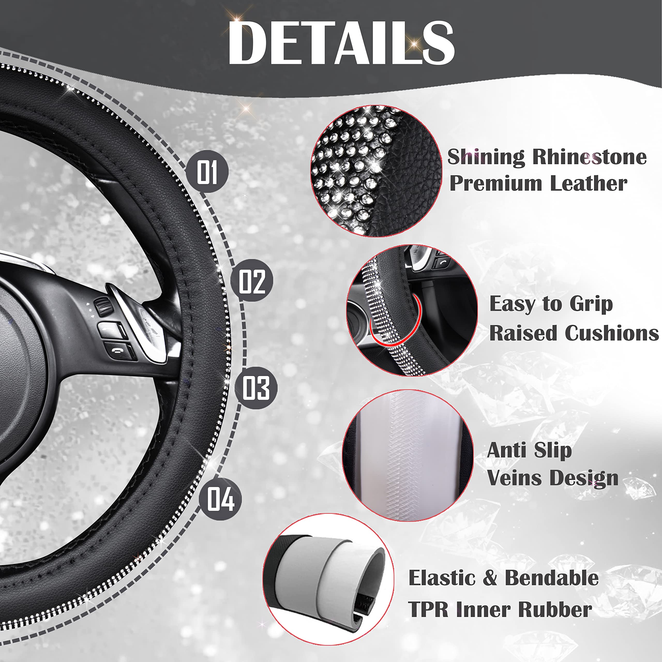 Car Pass Diamond Black Leather Steering Wheel Cover, With Bling Crystal Rhinestones Universal Fit 14'' 1/2-15'' Crystal Glitter