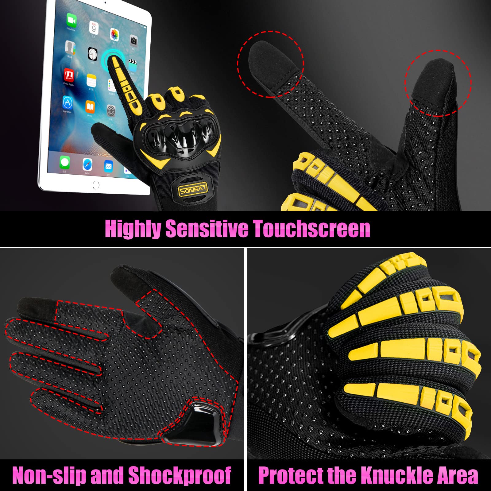 LVNRIDS Motorcycle Gloves for Men & Women, Full Finger Touchscreen, Large, Yellow, Model A030032-04-MCS-17B, Tactical Racing Gloves
