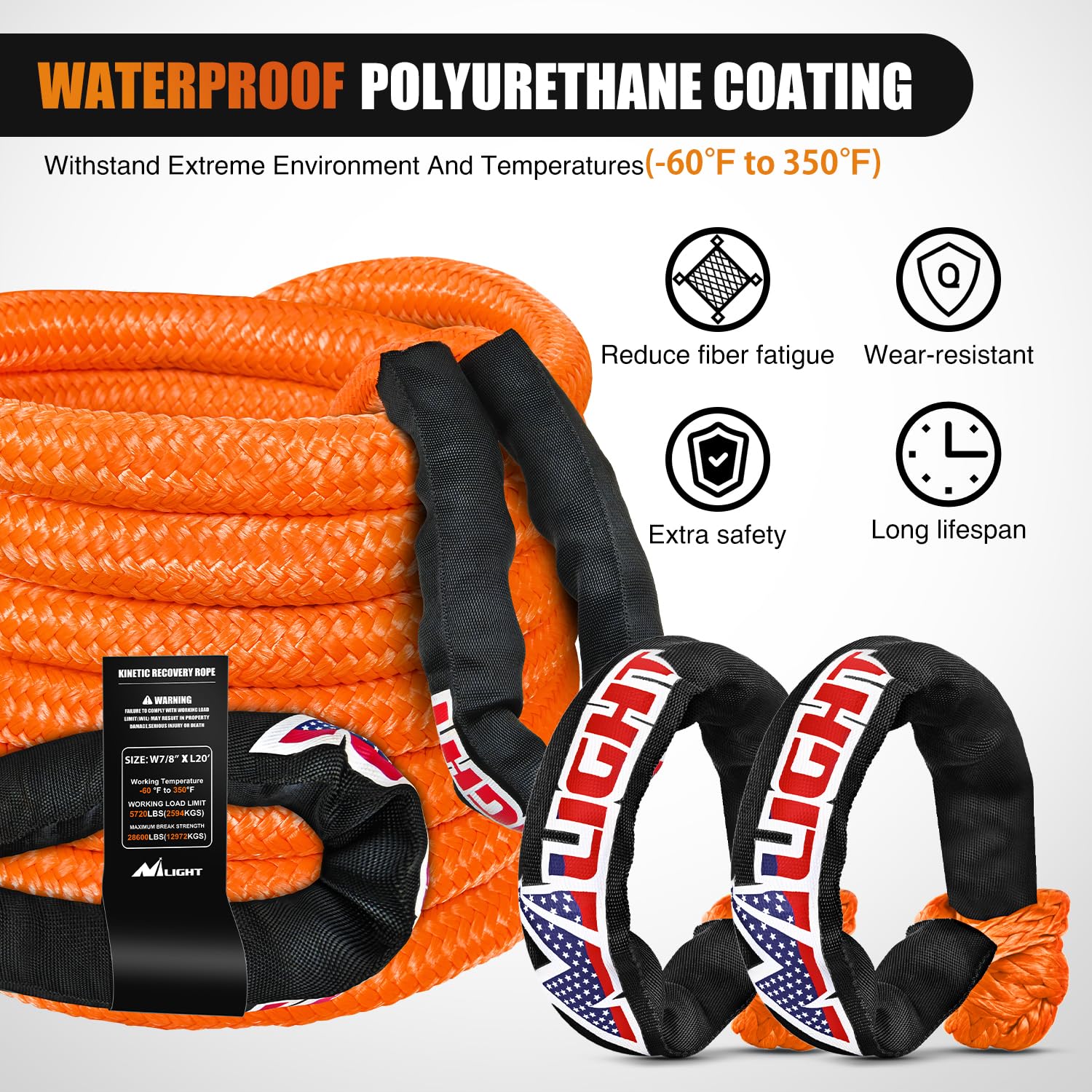 Nilight Kinetic Recovery Tow Rope 7/8'' x 20ft (28,600LBS) with 2 Soft Shackle 1/2'' x 24'' Snatch Strap Heavy Duty Offroad Towi
