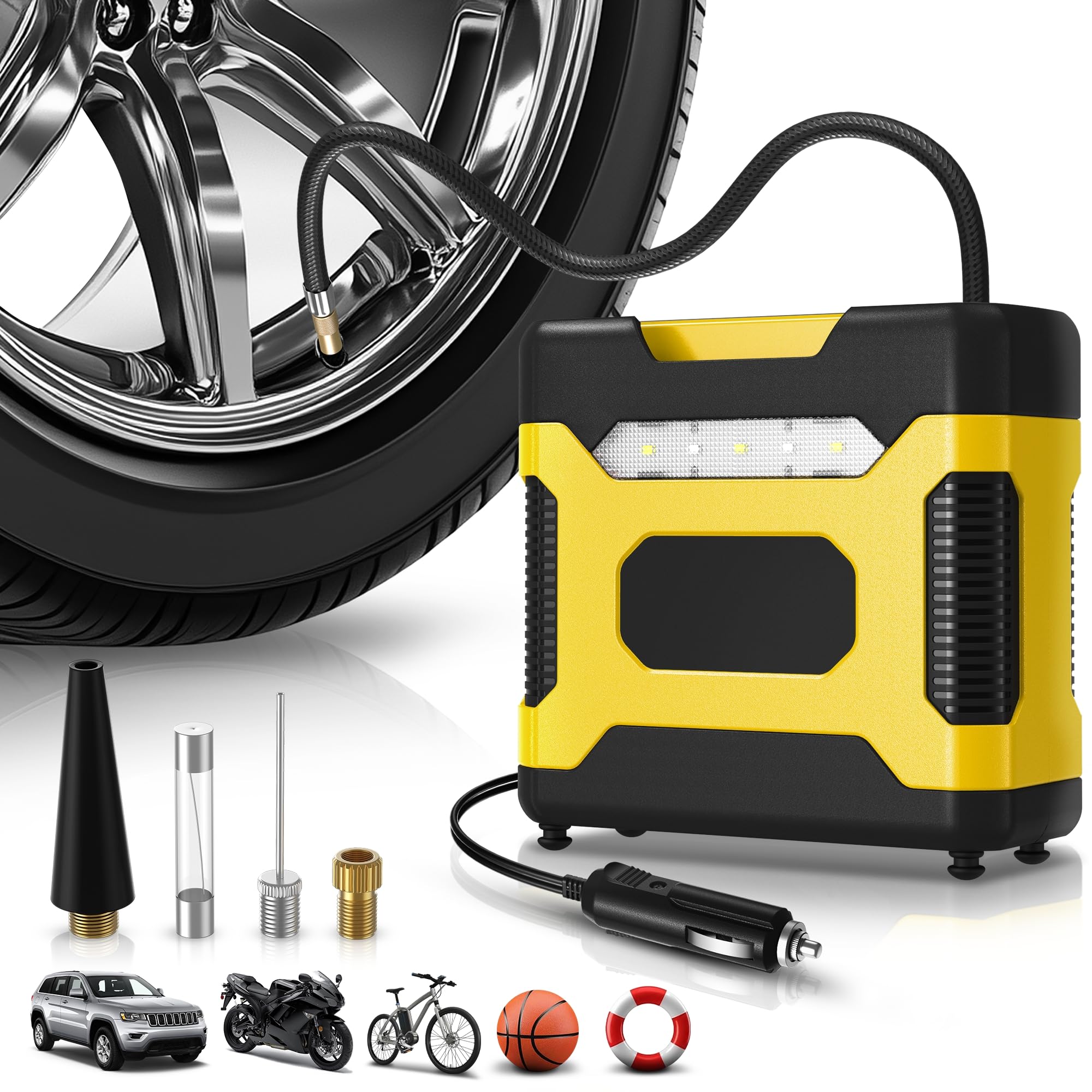 Auto Dynasty Digital Tire Inflator Portable Air Compressor, 12V DC 150 PSI Power Electric Car Tire Air Pump with LED Light and P