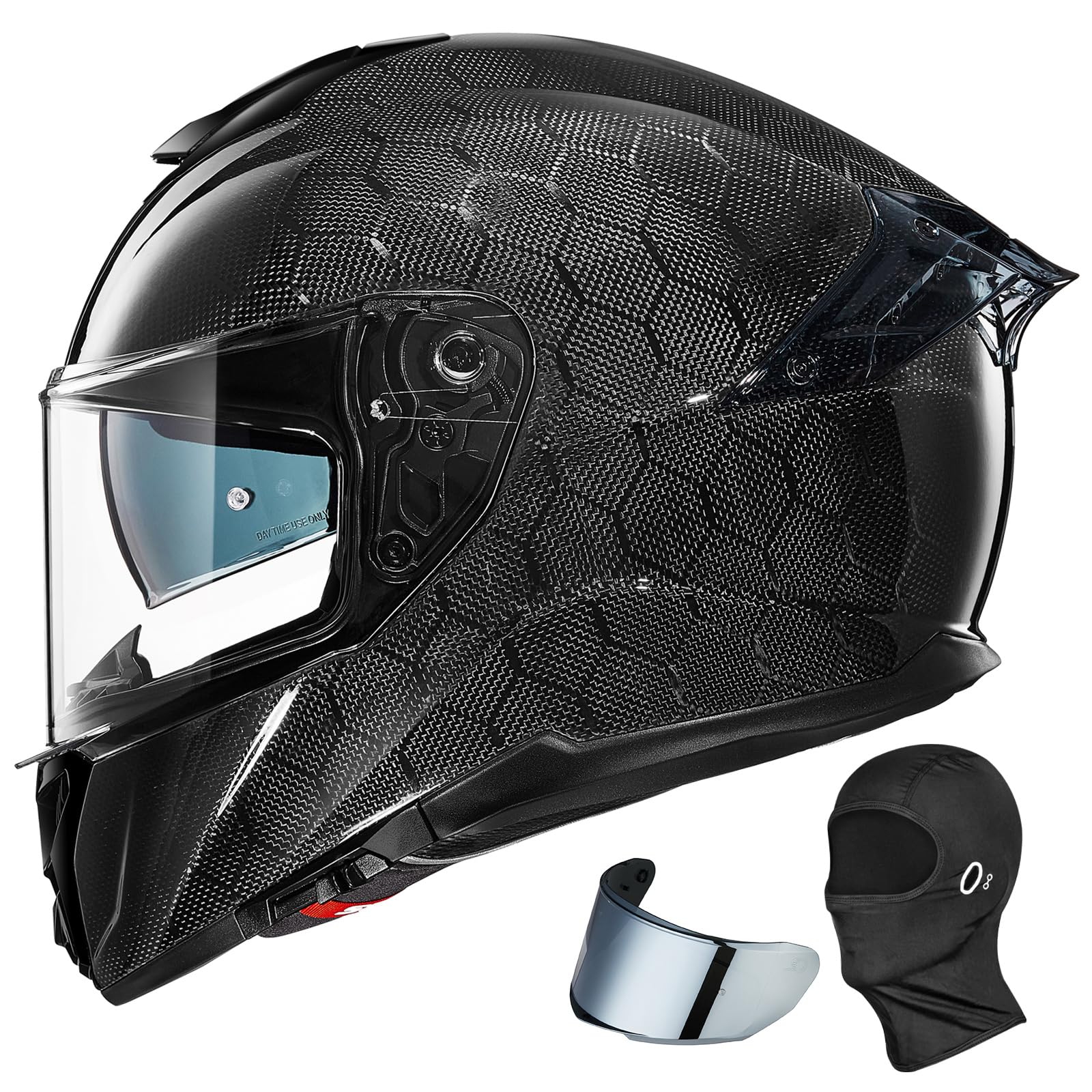 ILM Carbon Fiber Motorcycle Helmets Lightweight Full Face Dual Visor Helmet with Rear Wing Pinlock Compatible Motorbike Street B