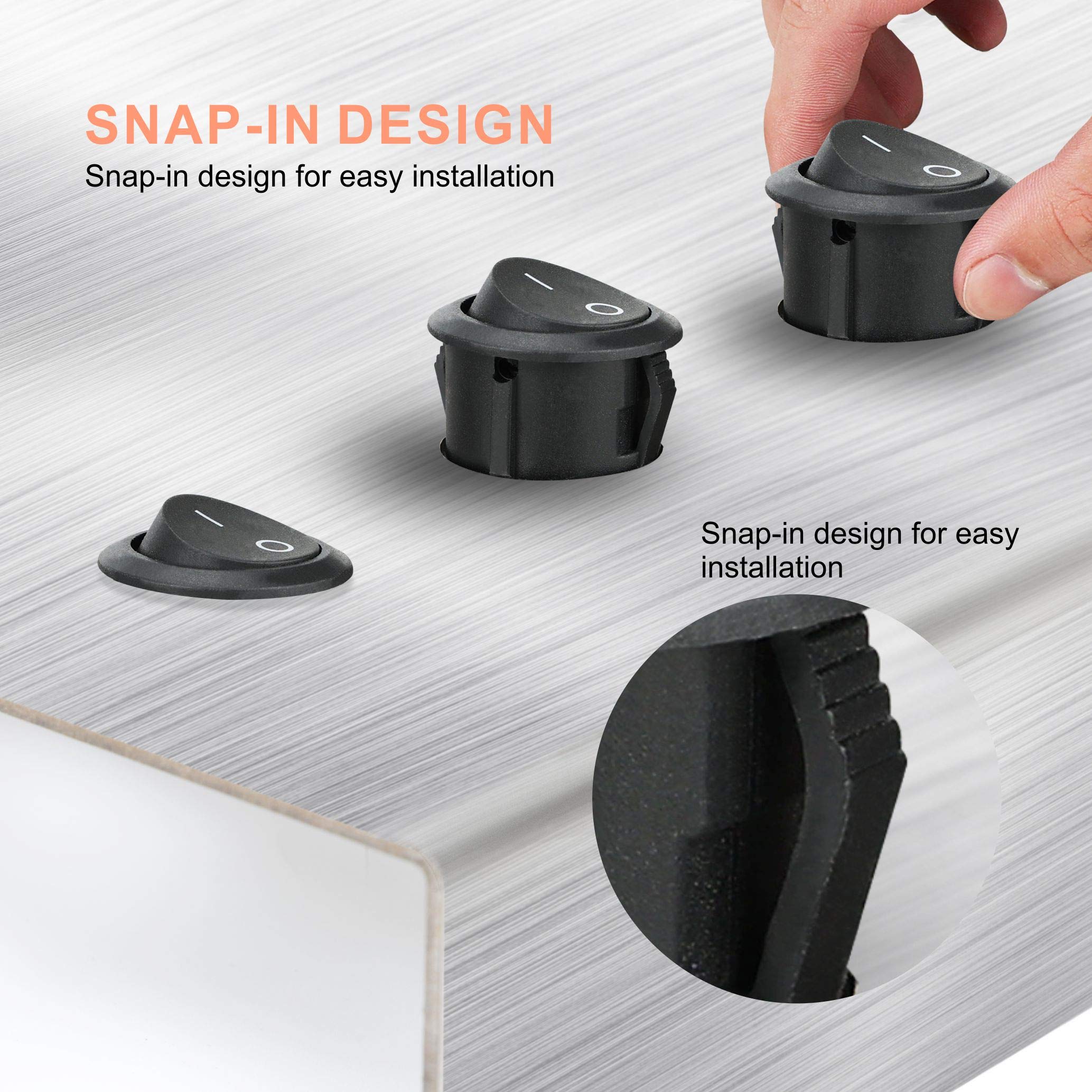 APIELE KCD1 Mini Round Rocker Switch 5Pcs SPST 2Pin Snap-in Design Black for Car Boat AC 6A/250V 10A/125V