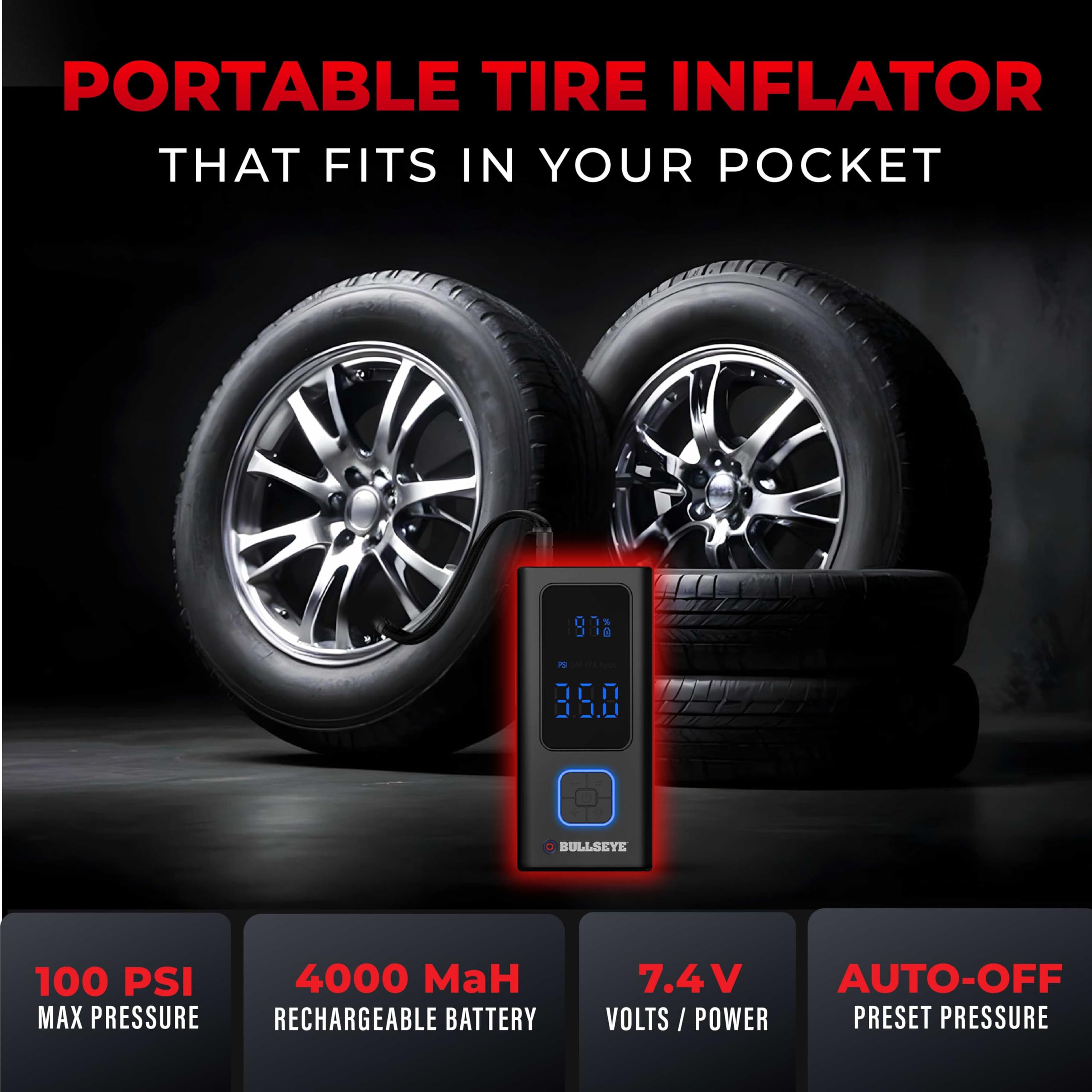 Bullseye Pro Portable Tire Inflator 100 PSI, Cordless, 4000mAh, Auto Shut Off, Black, Small, Model 6146