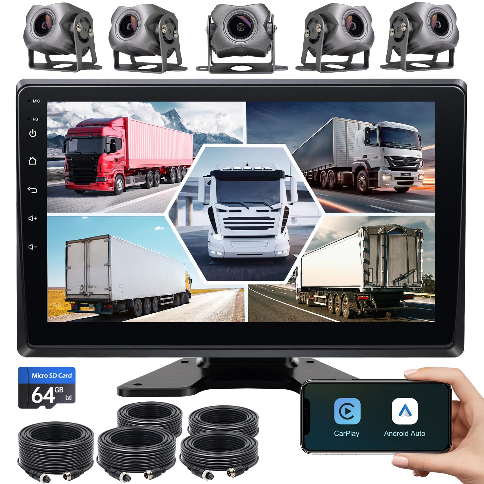 5-Channel 1080P Backup Camera Dash Cam With 9'' Monitor Android.11 System,Dvr Recording Back Up Camera For Rv/Truck/Van/Trailer/