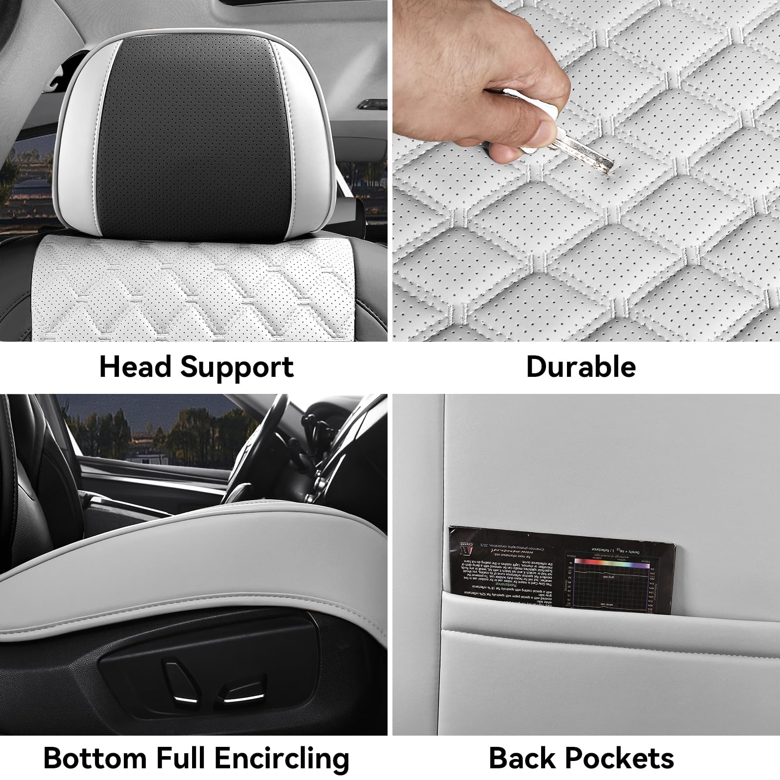 Sxikin Luxury Leather Car Seat Covers Full Set, Waterproof Non-Slip, Universal Fit for Cars SUVs Trucks, Black and White