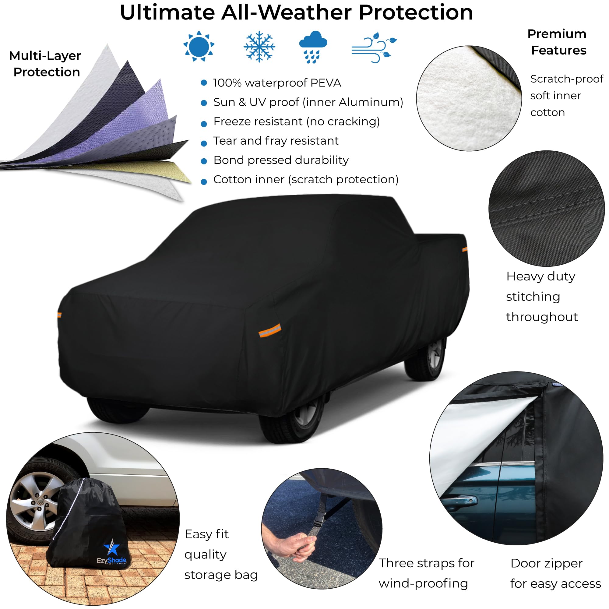 EzyShade Truck Cover - Waterproof All Weather, T5 Size, Black, Model EzyAlCarCov-BlackA0, Fits F250 F150 Tundra Titan