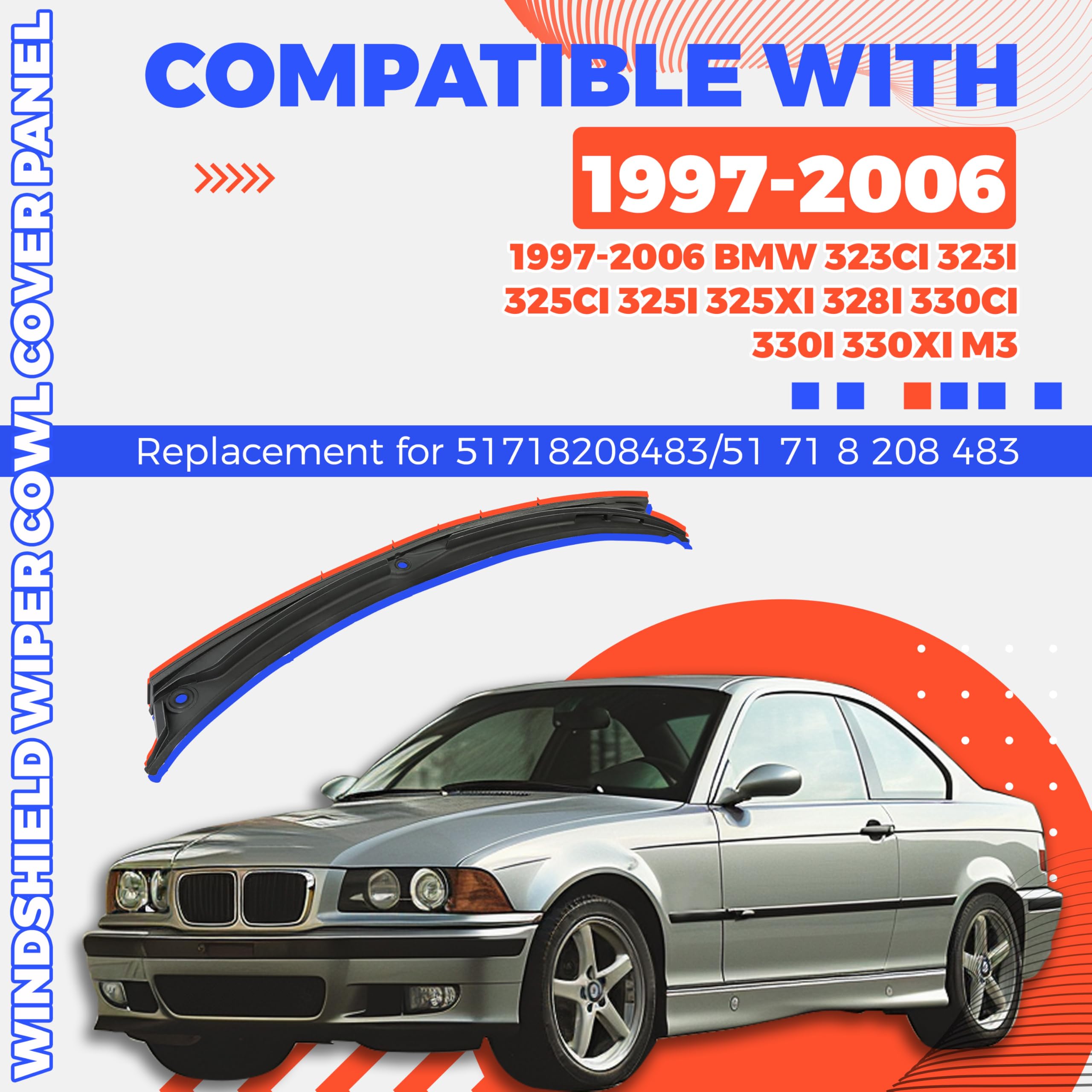 Hecasa Windshield Wiper Cowl Cover Panel Compatible With 1997-2006 Bmw E46 323Ci 323I 325Ci 325I 325Xi 328I 330Ci 330I 330Xi M3 Replacement For 51718208483