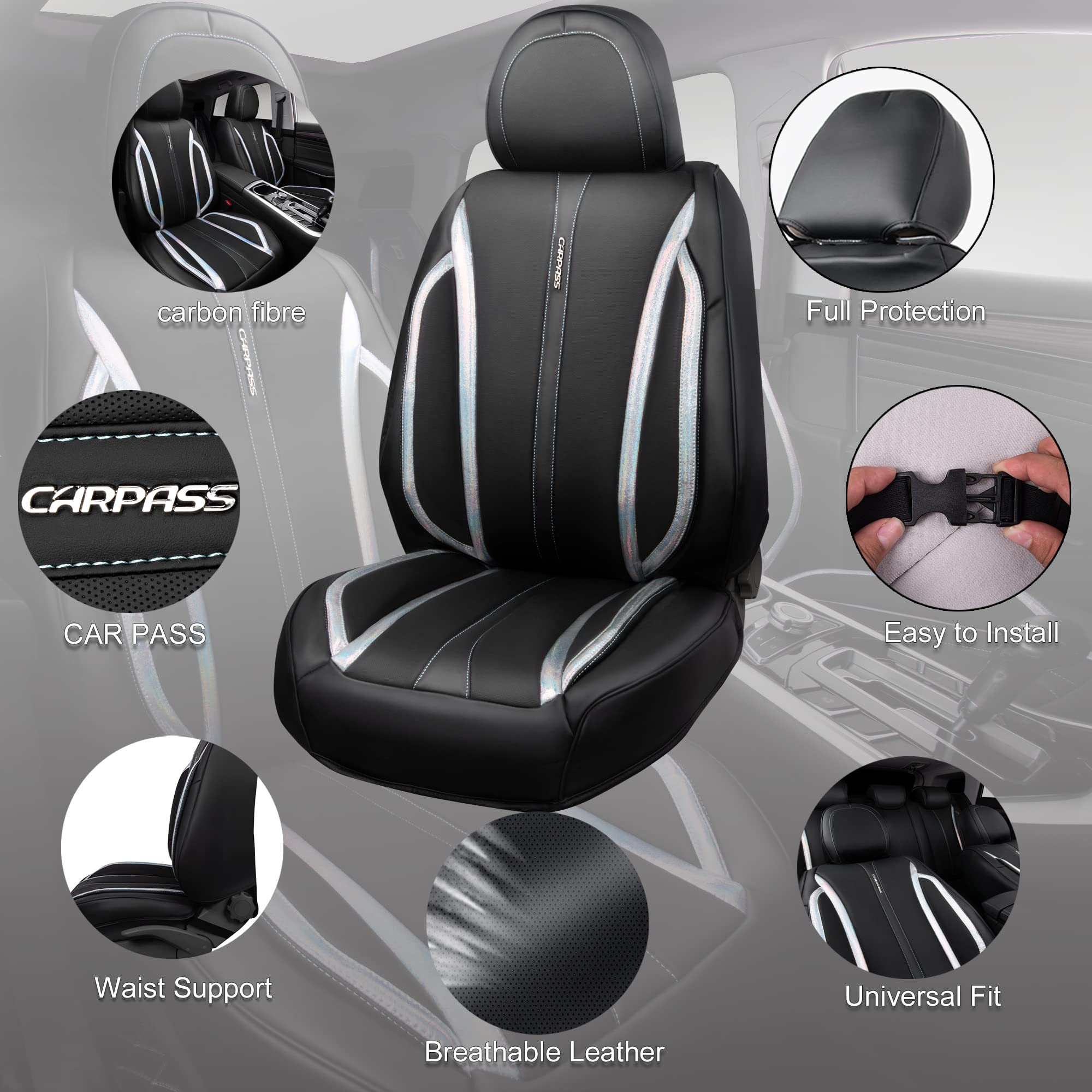 CAR PASS Nappa Leather Car Seat Covers - Waterproof, Cushioned, Universal Fit for SUV/Truck - Black Silver Strips, Model SJ005T2-WT9BL-PUQB2NH22