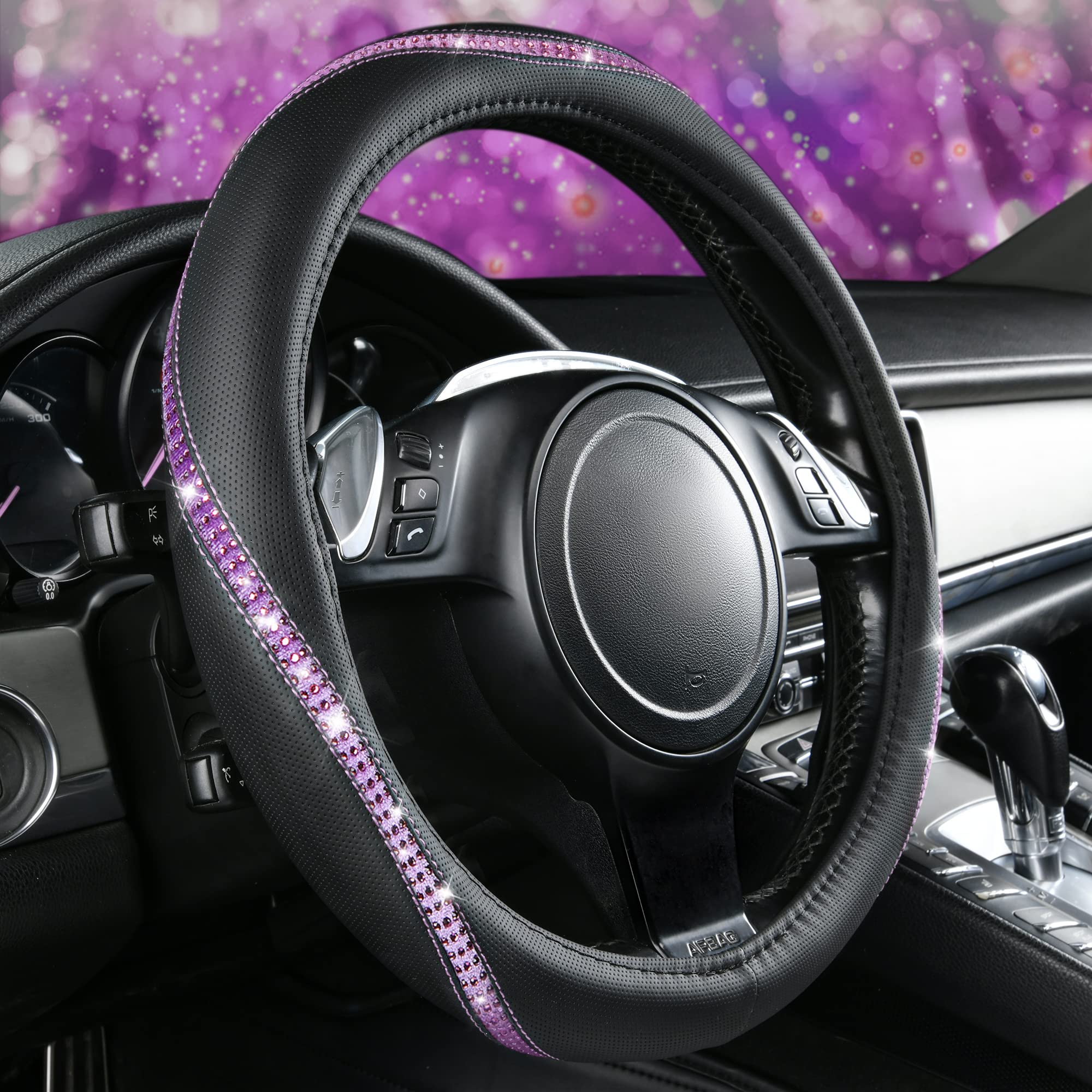 CAR PASS Bling Diamond Leather Steering Wheel Cover, Crystal Rhinestones, Universal Fit 14.5"-15", Purple Diamond