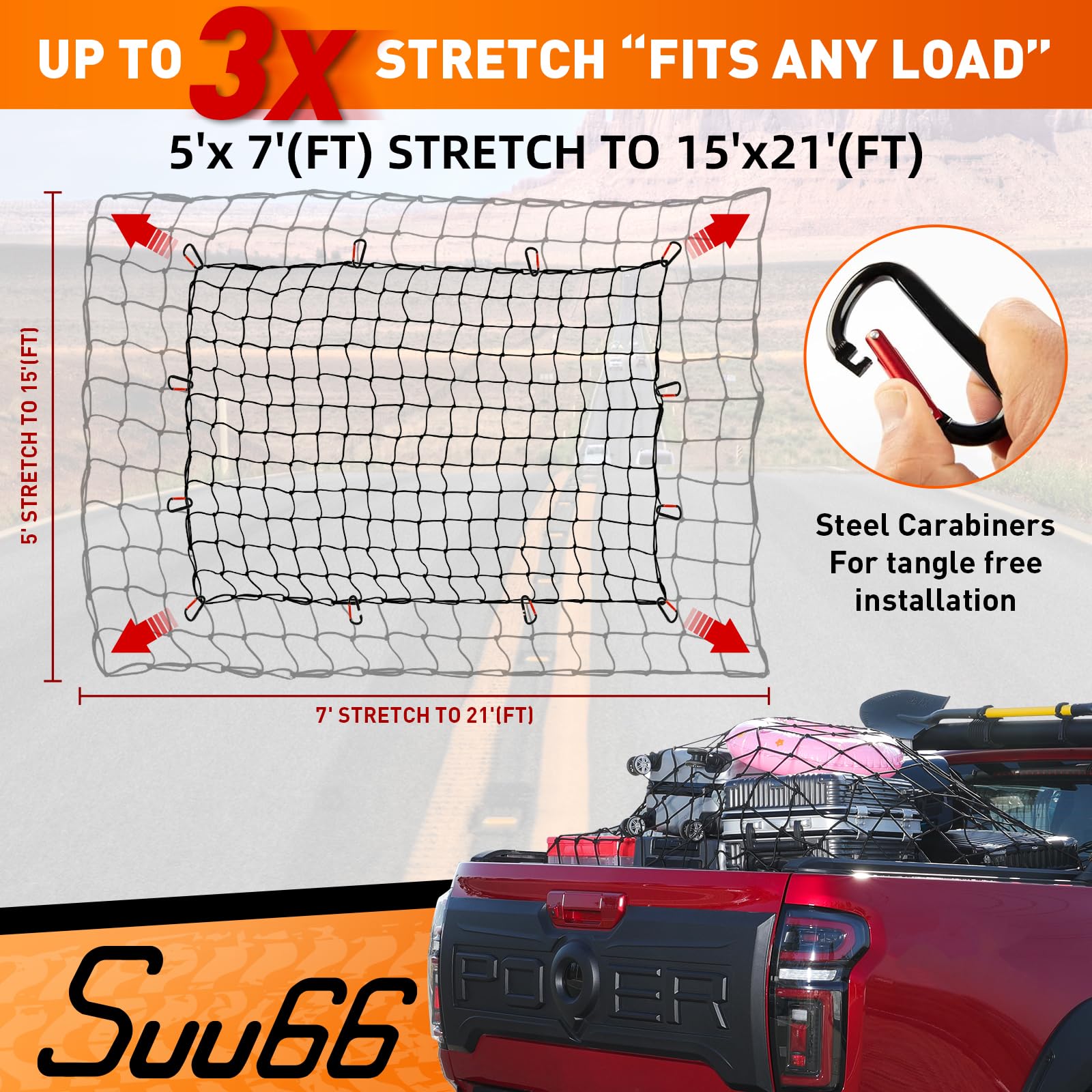 Suu66 Heavy Duty Cargo Net for Pickup Truck Bed - 5 ' x 7 ' Stretches to 15 ' x 21 ' - Sturdy Latex Bungee Net Mesh - with 12 Me