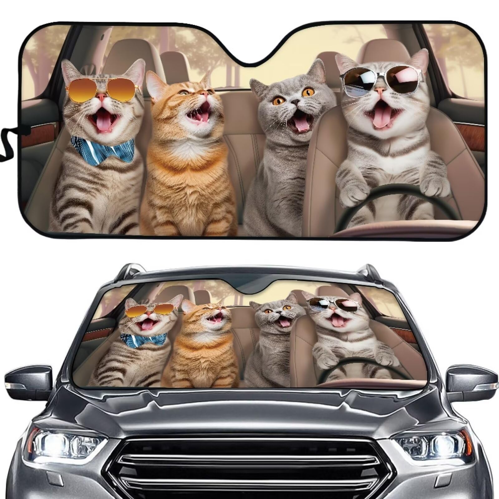Suhoaziia Sunglasses Cats Auto Windshield Sun Shade, Foldable Car Front Window Sunshade for Most Sedan SUV Truck, Sunshade Prote