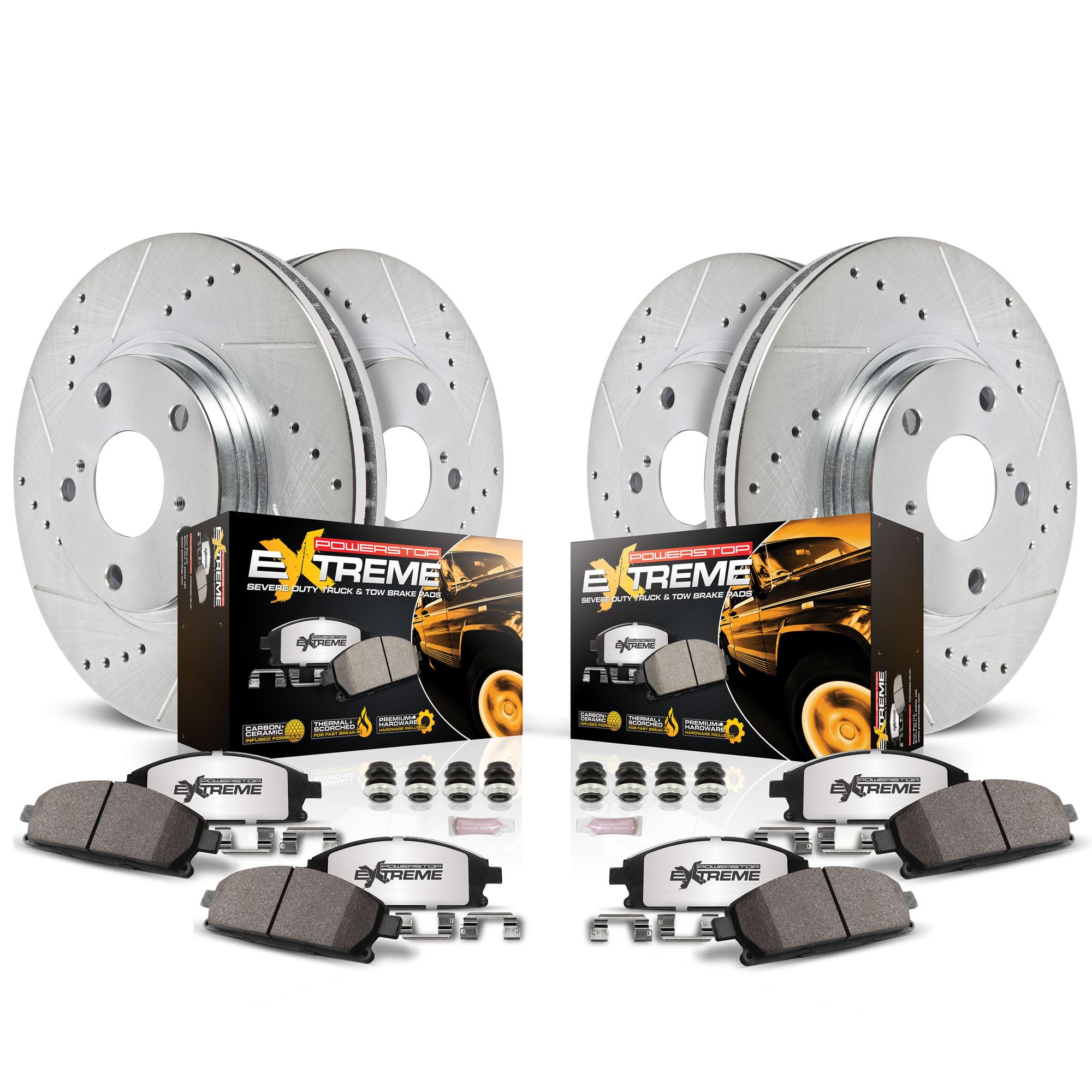 Power Stop Brake Kit For 2007-2018 Jeep Wrangler - Front And Rear Truck & Tow Carbon Fiber Ceramic Pads With Drilled And Slotted
