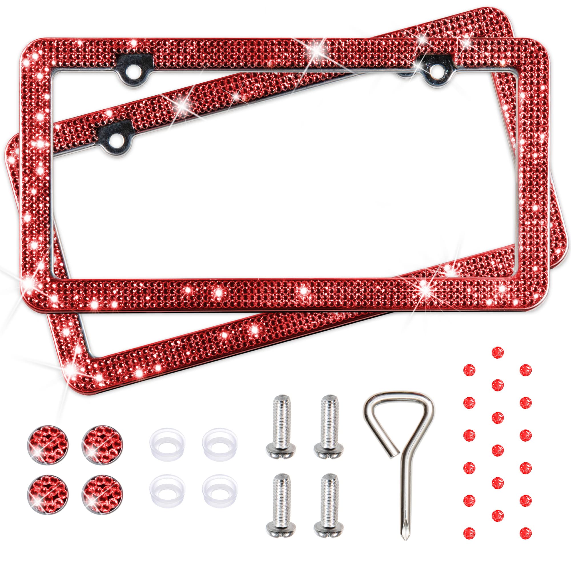 Handcrafted Rhinestone Bling License Plate Frames For Women, Men | 2 Pack Bedazzled Cover With Glittery Screw Caps | Stainless Steel Clear Crystal Sparkle License Plate Frame/Cover (Red)
