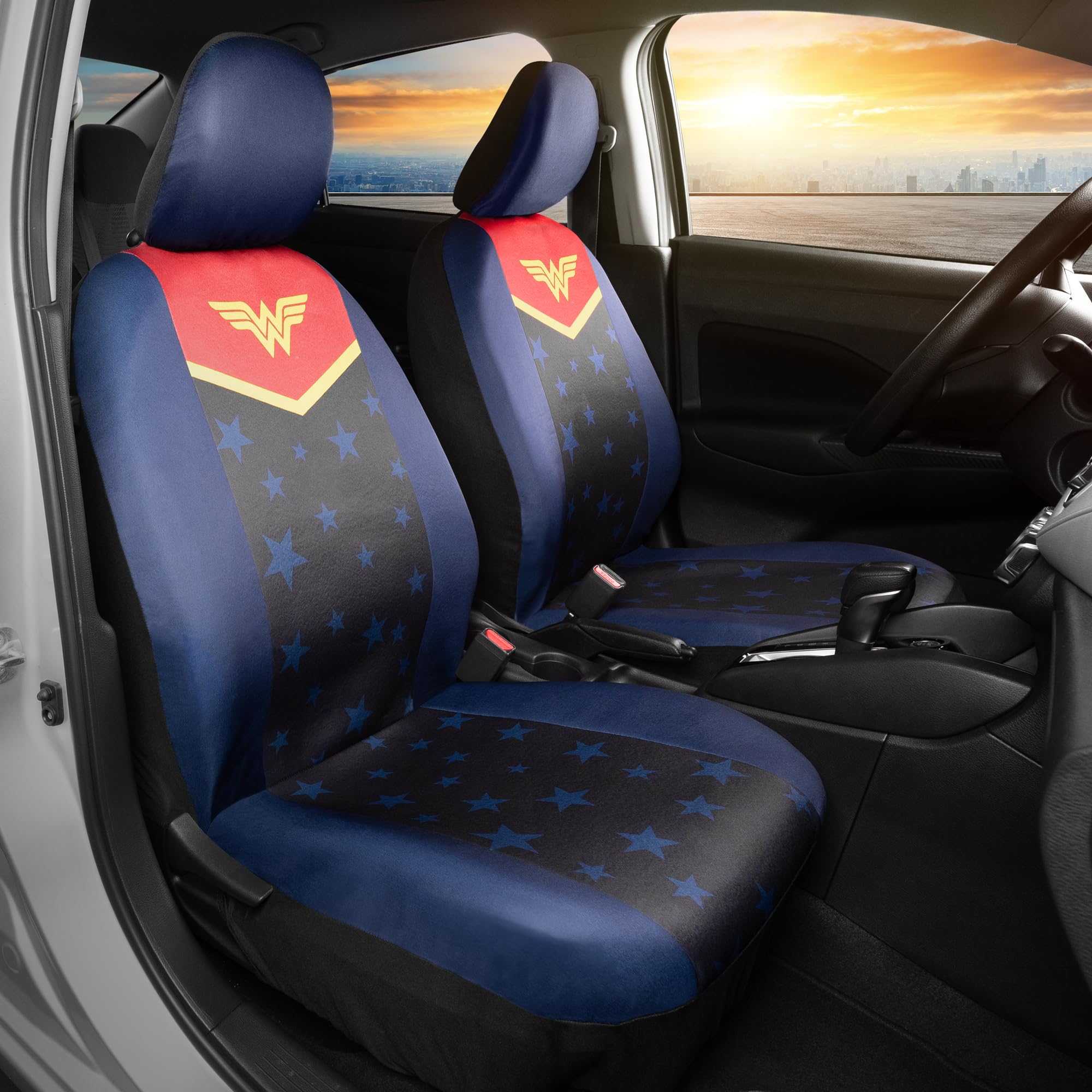 BDK Wonder Woman Car Seat Covers - Front Pair, Waterproof Polyester, Includes Head Cover & Seat Belt Pads, Universal Fit, WBSC-1926