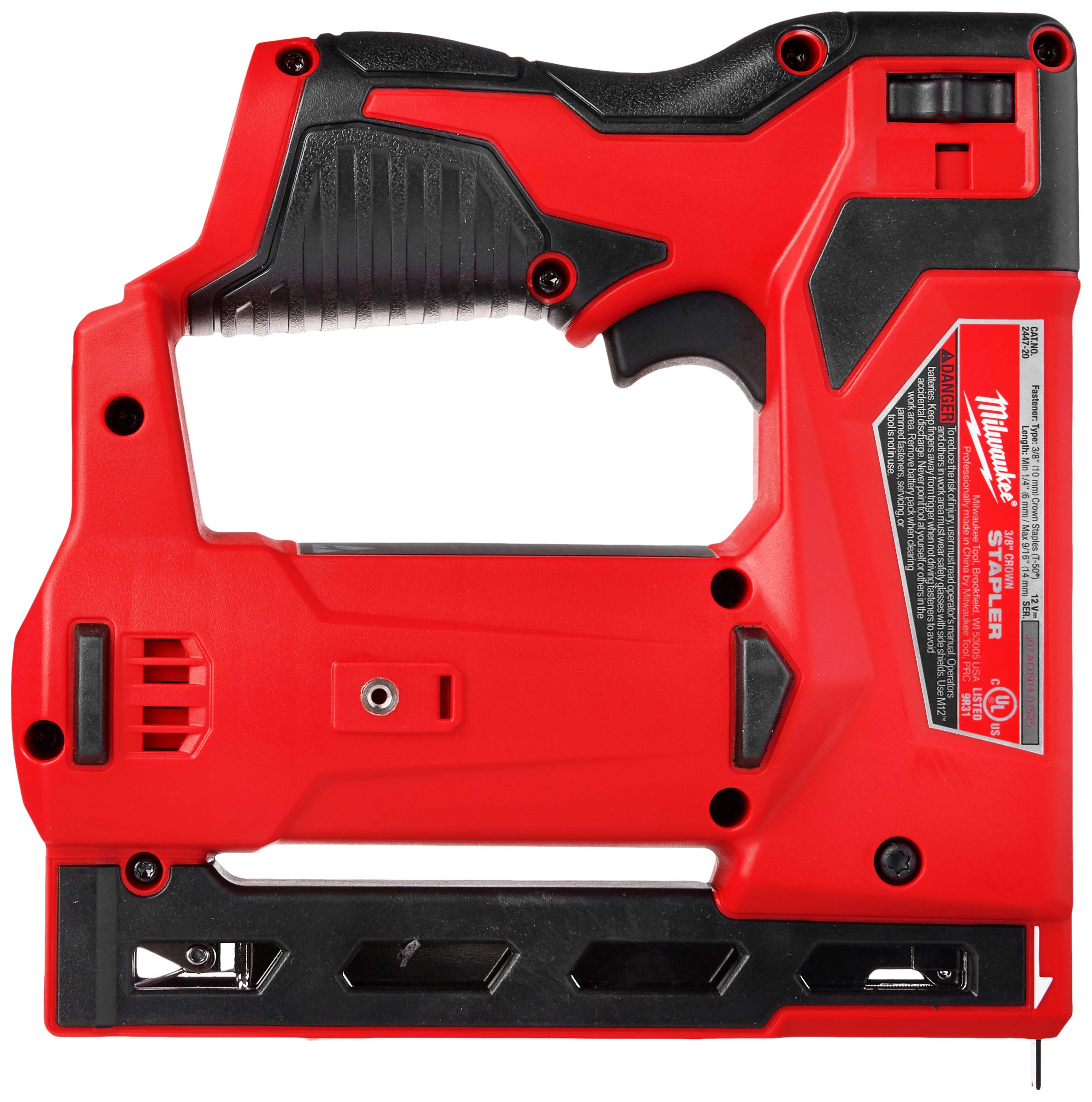 Milwaukee M12 3/8" Crown Stapler, Model 2447-20, Red & Black, Durable Plastic