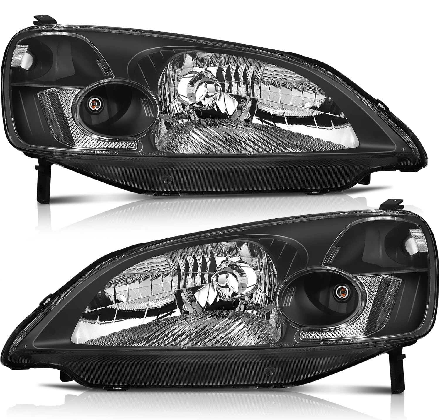 LSAILON Headlight Assembly Replacement Fit For Honda Civic 2001-2003 Black Housing Clear Reflector Clear Lens Driver and Passeng