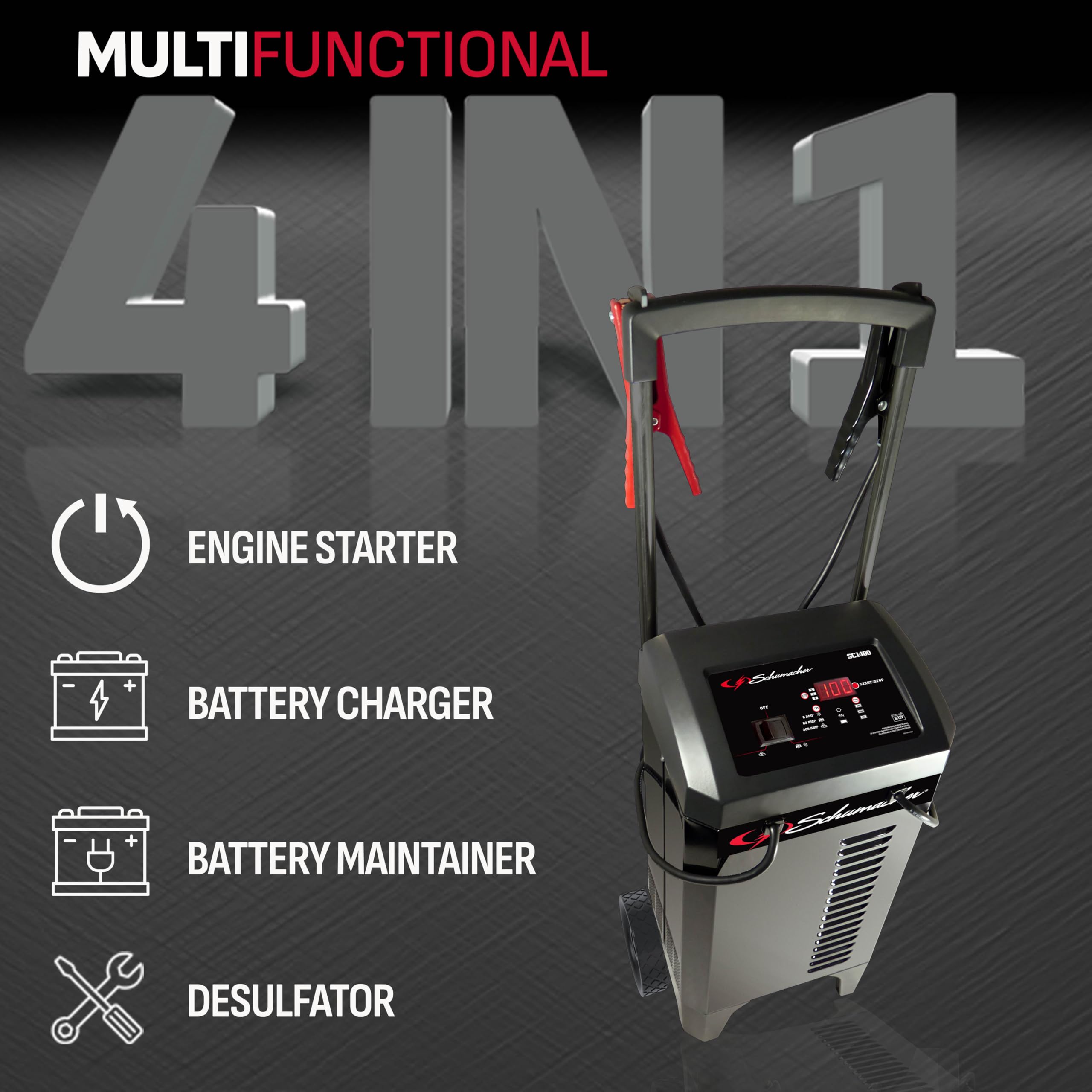 Schumacher Electric 6A Car Battery Charger & 300A Engine Starter, 4-in-1, 60A Boost, 6V/12V, SC1400, Black