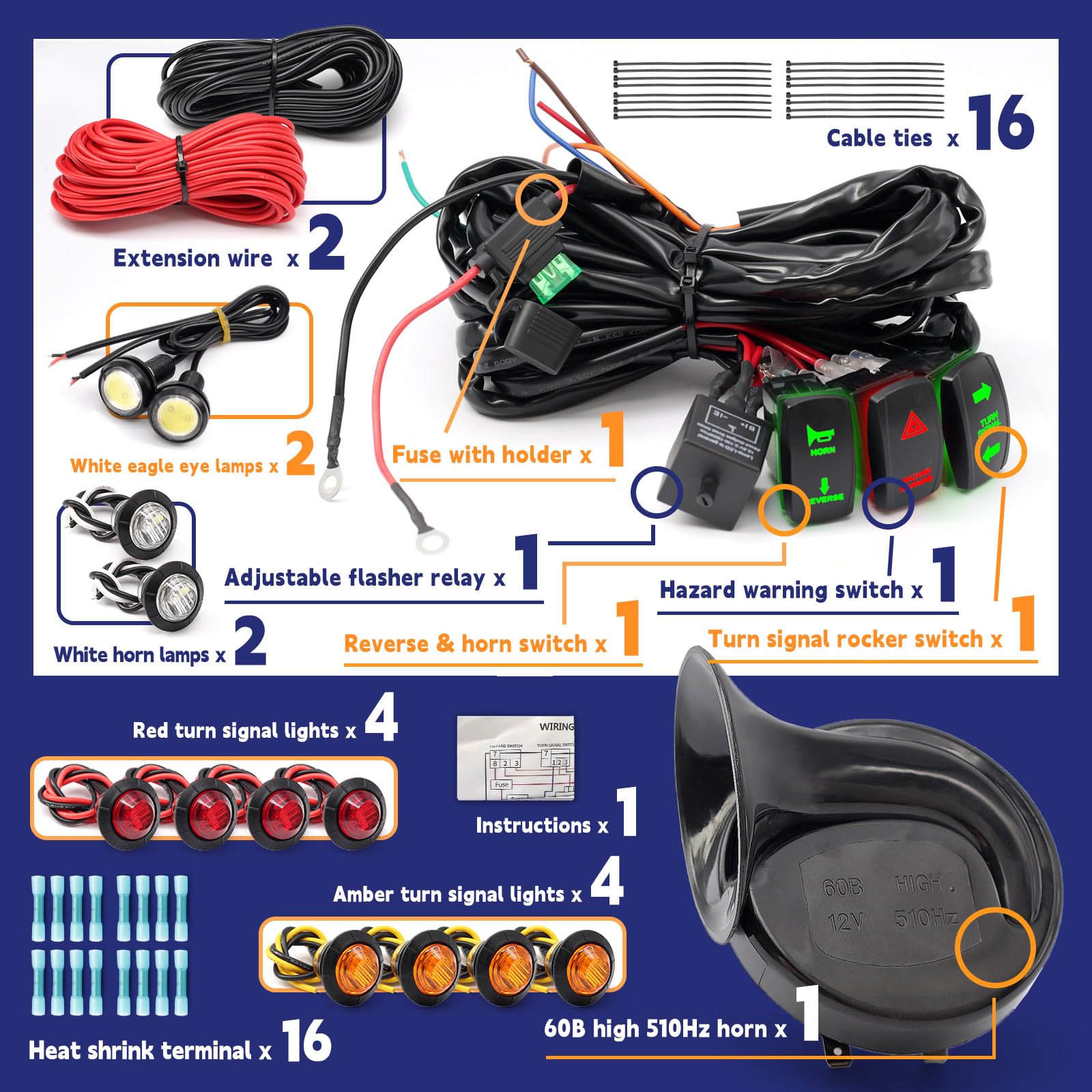 Pre-Wired ATV UTV Turn Signal Kit, Universal Dirt Bike Street Legal Kit with Horn Reverse Hazard Turn Light Rocker Switch & Flas