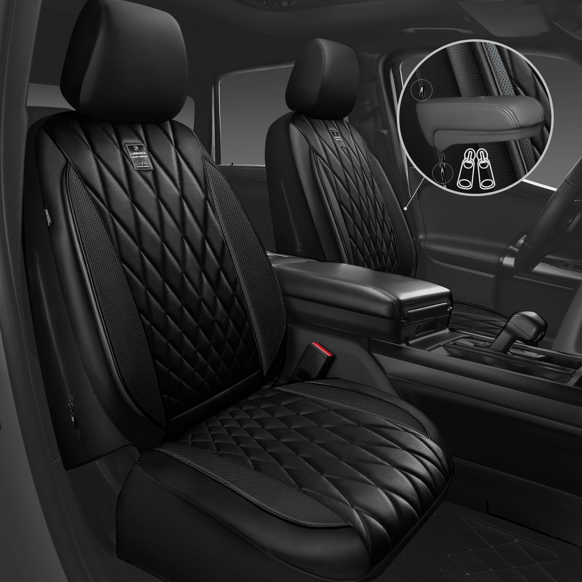 Car Pass 5 Seats Piping Luxury Faux Leather Seat Covers Full Set, Anti-Slip Waterproof Seat Covers Compatible With Front Armrest